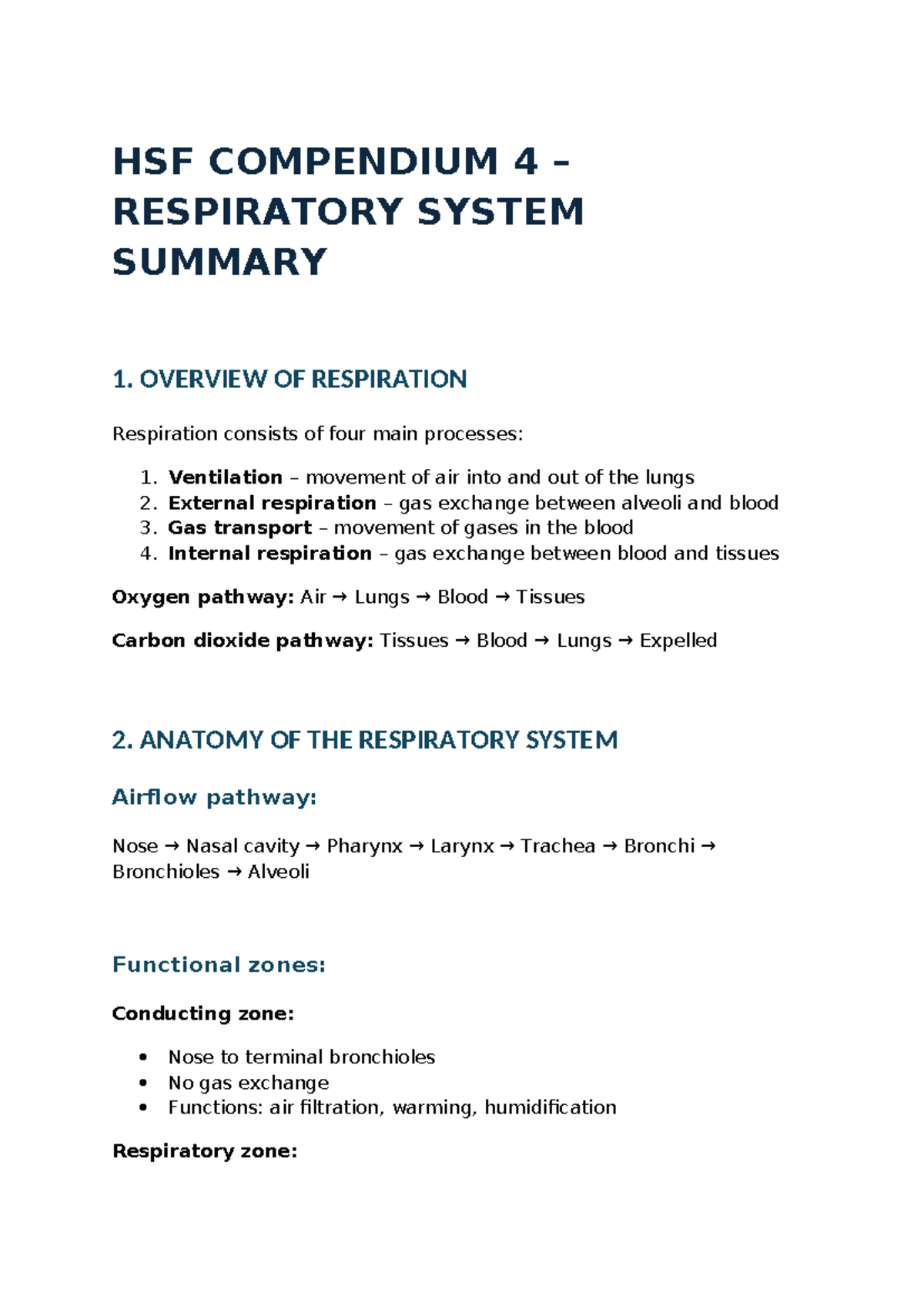 HSF COMP 4 Respiratory System Overview and Key Concepts - Studocu