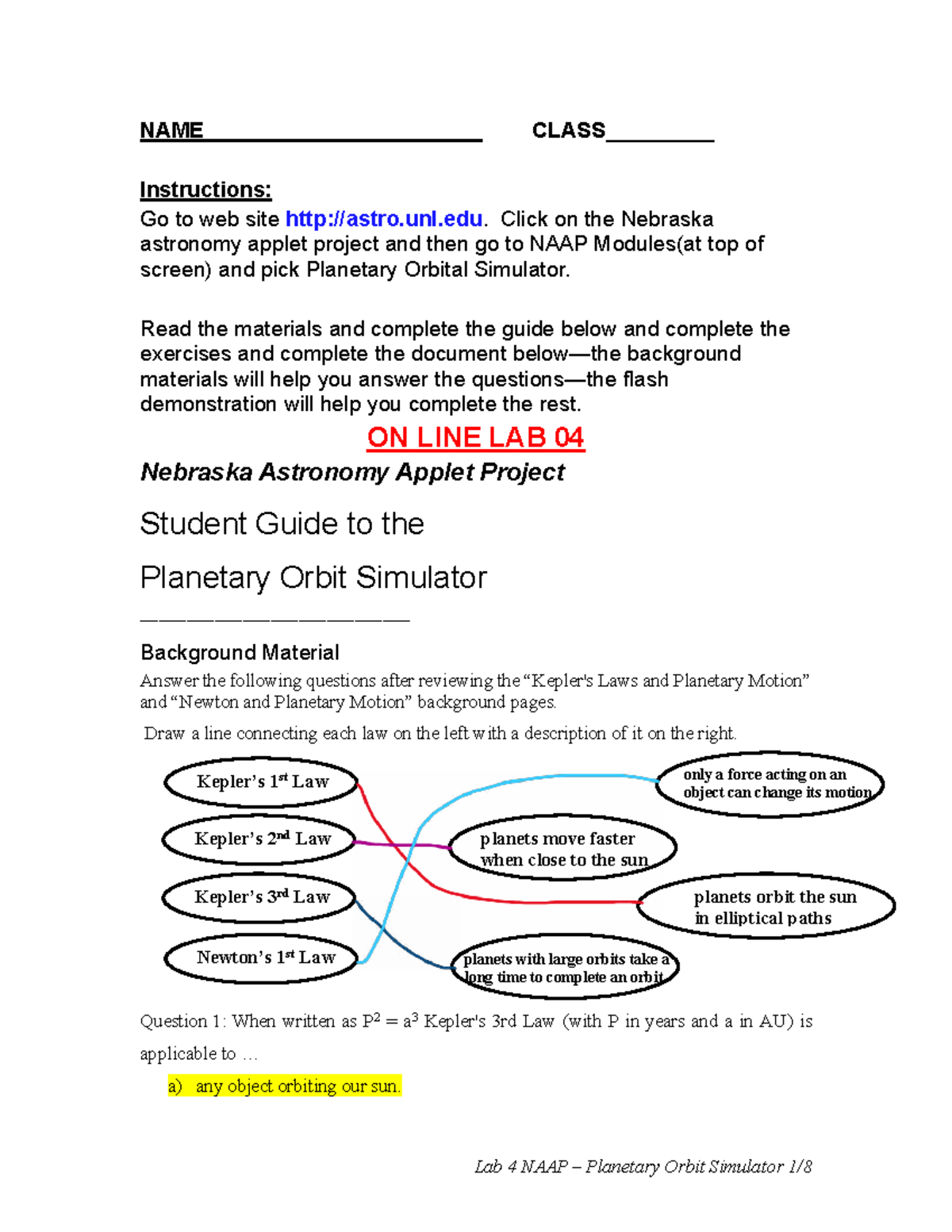 Lab 04: NAAP Planetary Orbit Simulator & Kepler's 3 Laws Guide - Studocu