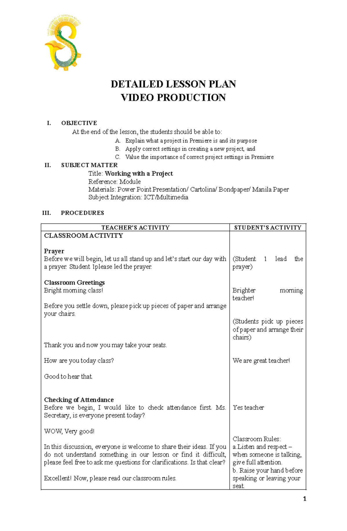 Detailed Lesson Plan: Working with a Project in Premiere (Video Prod I ...