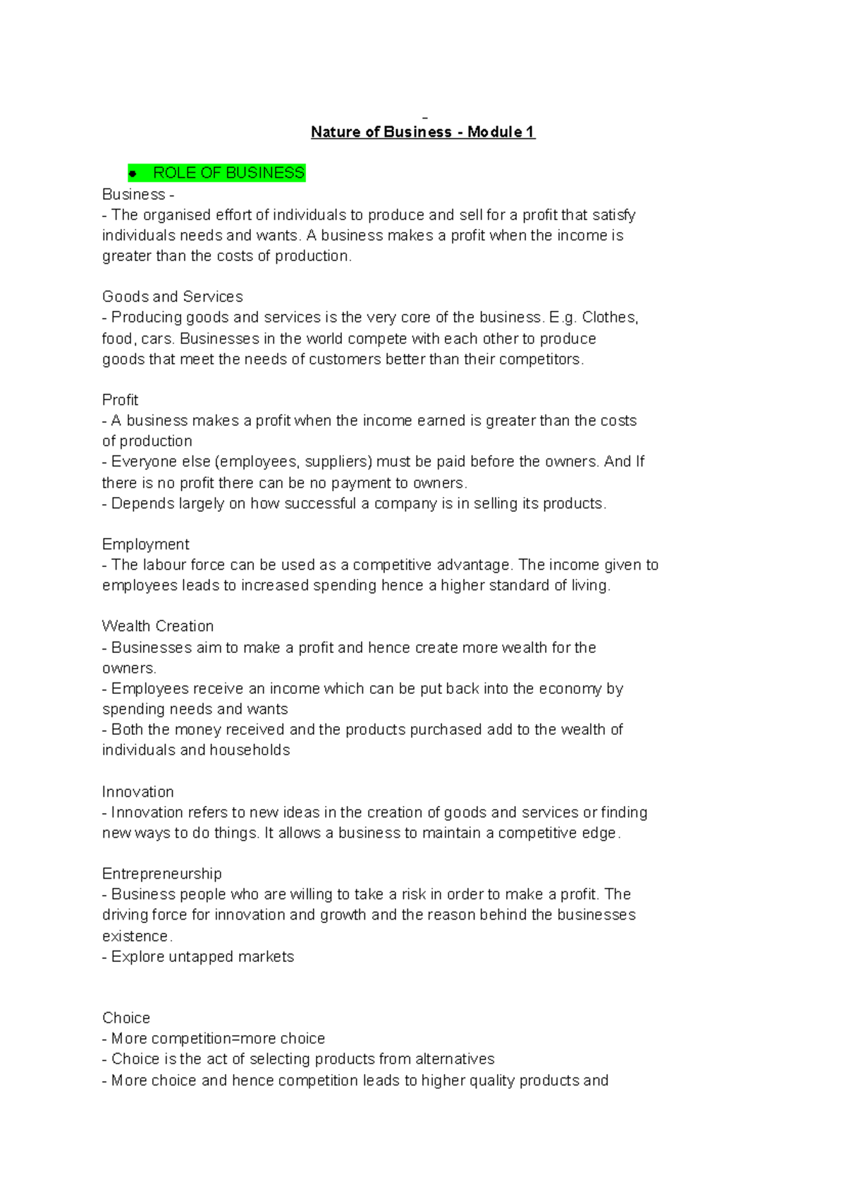 Business Studies Prelim - Nature of Business - Module 1 ROLE OF ...
