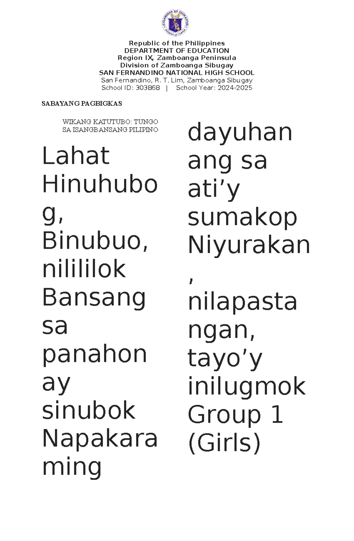 Sabayang-Pagbigkas - Sabayang Pagbigkas - DEPARTMENT OF EDUCATION