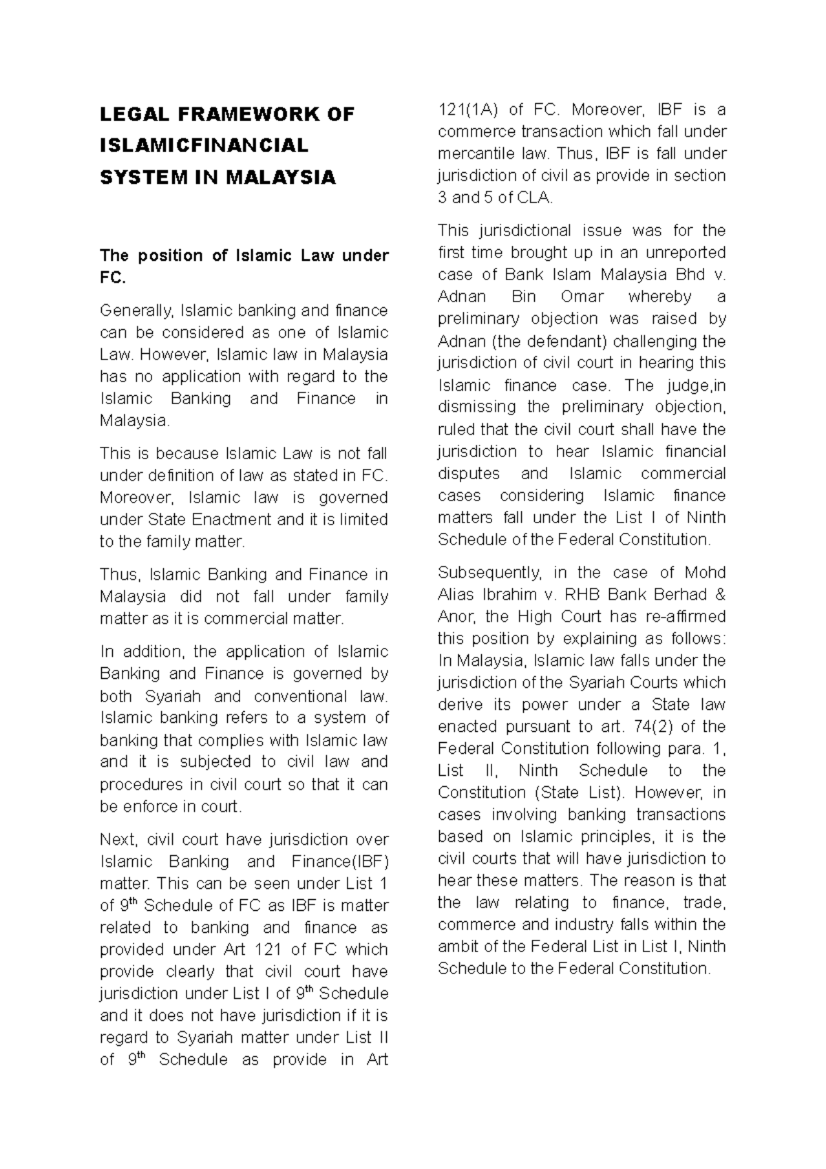 Legal Framework of Islamic Finance in Malaysia - Banking Chapter 3 ...