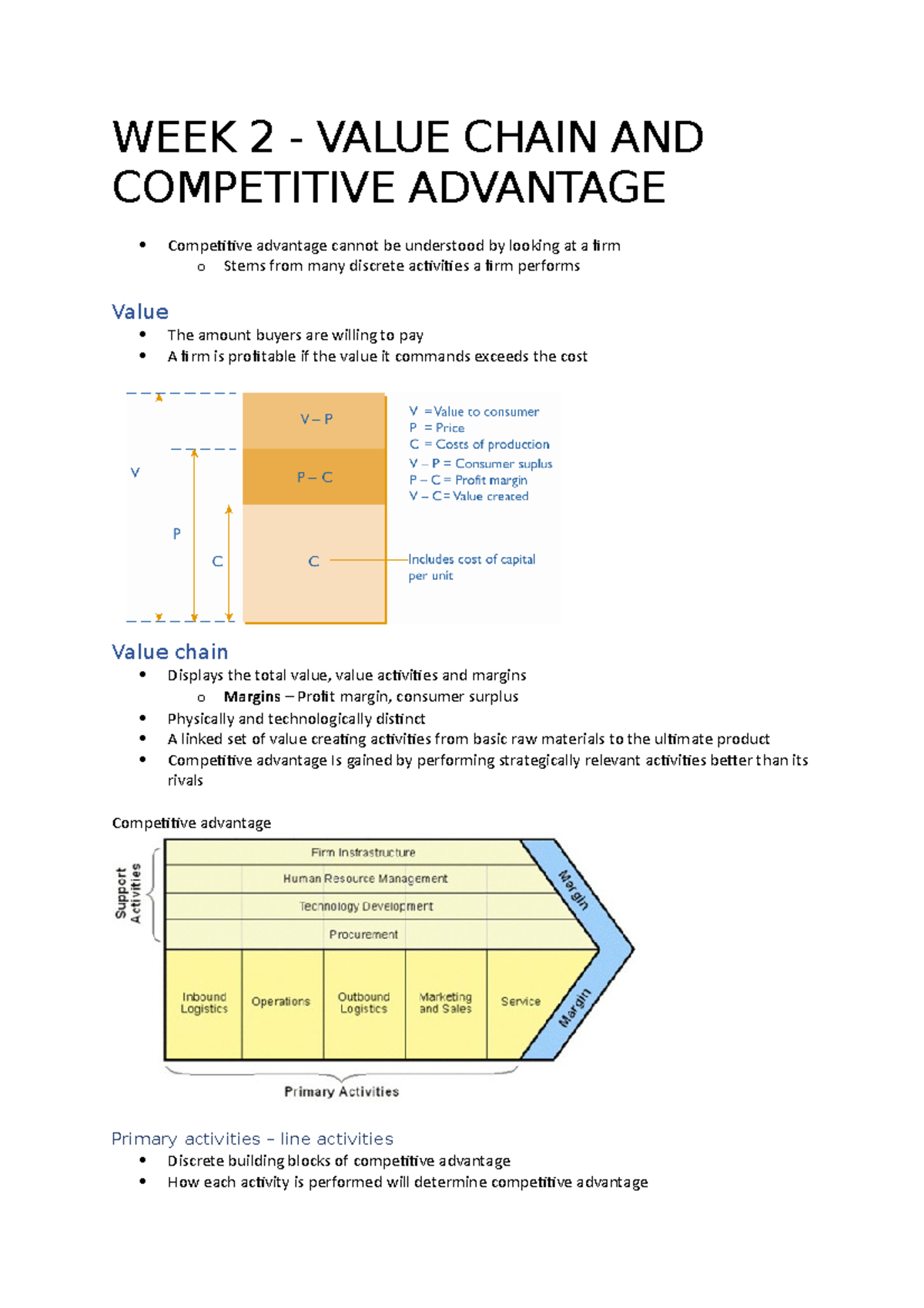 MGMT2101 Week 2 Notes - WEEK 2 - VALUE CHAIN AND COMPETITIVE ADVANTAGE ...