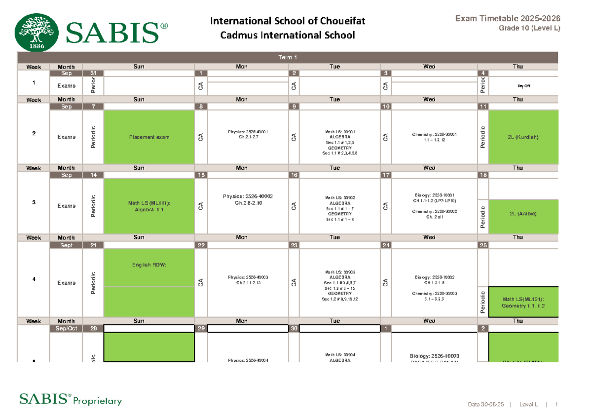 Exam Timetable for Grade 10 (Level L) - Cadmus International School ...