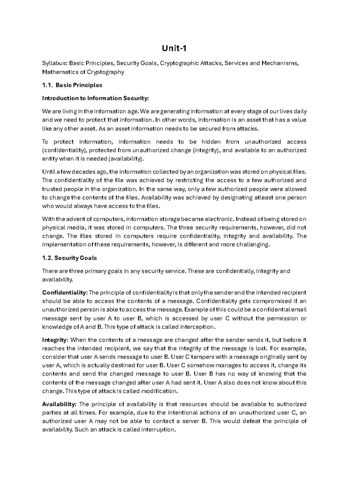 Unit 1 - Basic Principles of Cryptography - CNS 2024 Study Guide - Studocu