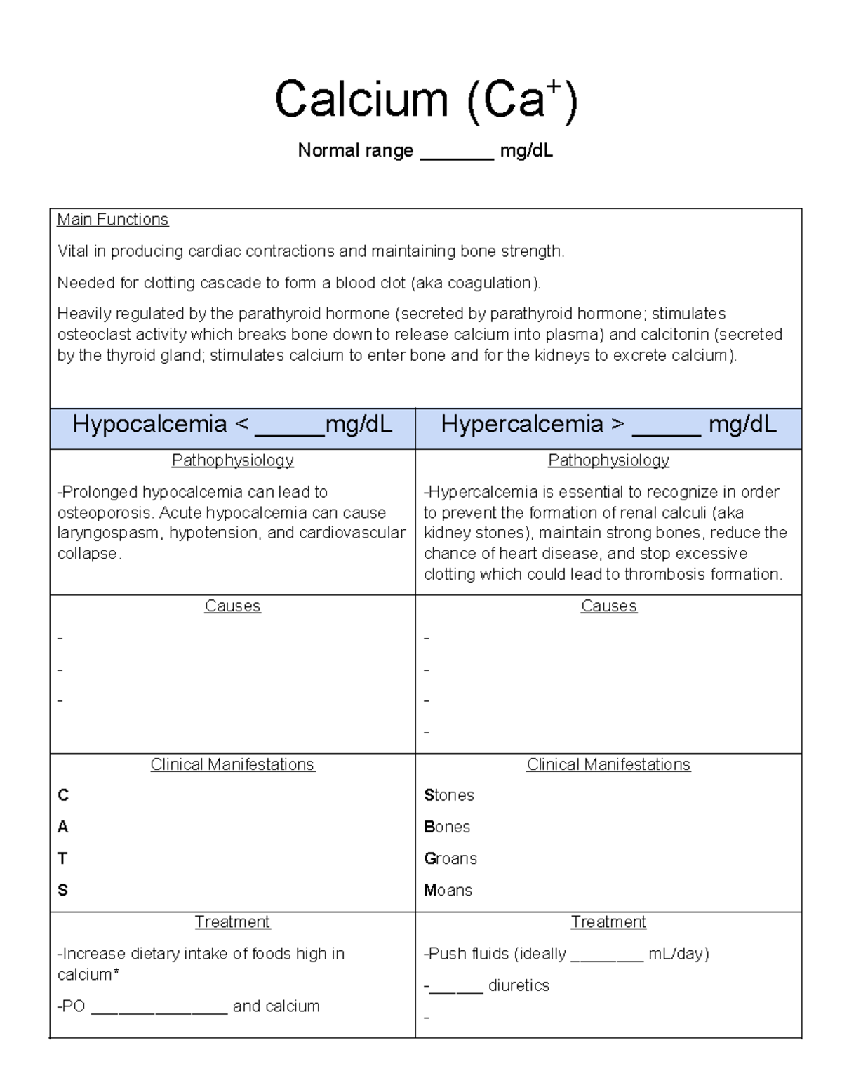Calcium (Ca) Study Guide: Functions, Pathophysiology & Treatment - Studocu