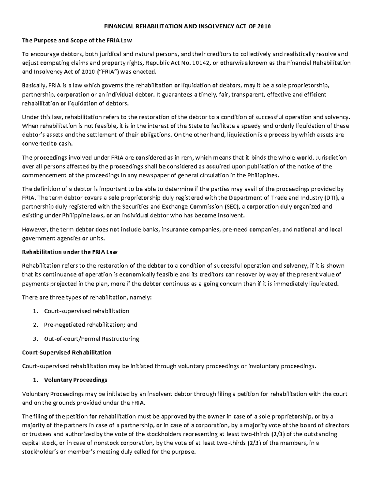 FRIA 10142 - Summary of Lecture Notes on Rehabilitation and Insolvency ...