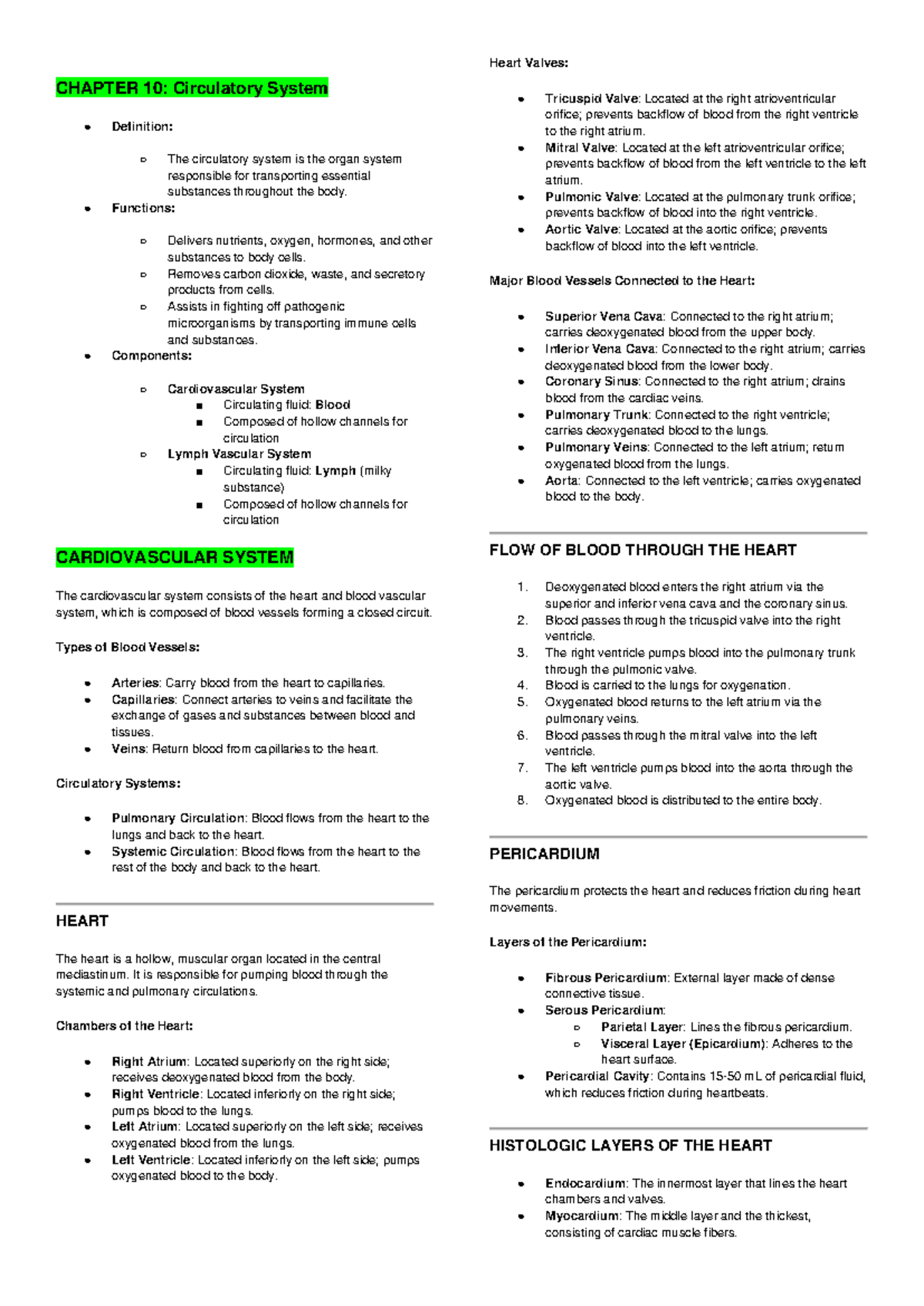 Heart Valves and Circulatory System Overview: CHAPTER 10 Notes - Studocu