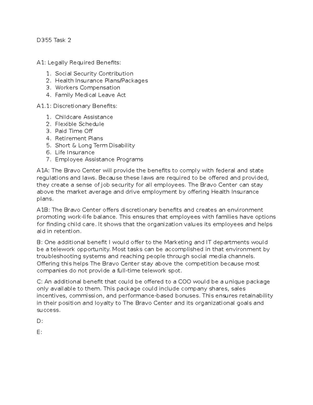 D355 Task 2: Required & Discretionary Employee Benefits Overview - Studocu