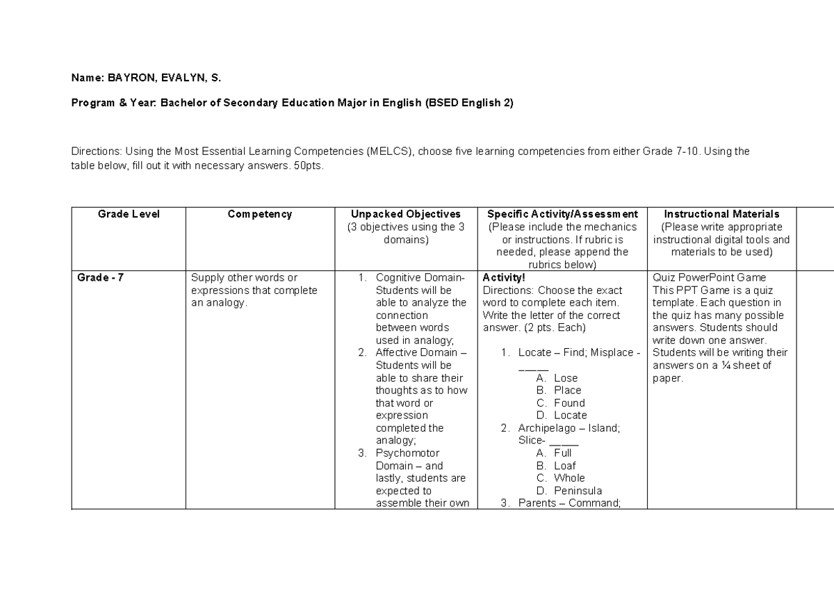 Lesson Matrix Activity-1 for BSED English 2: Grade 7 Competencies - Studocu
