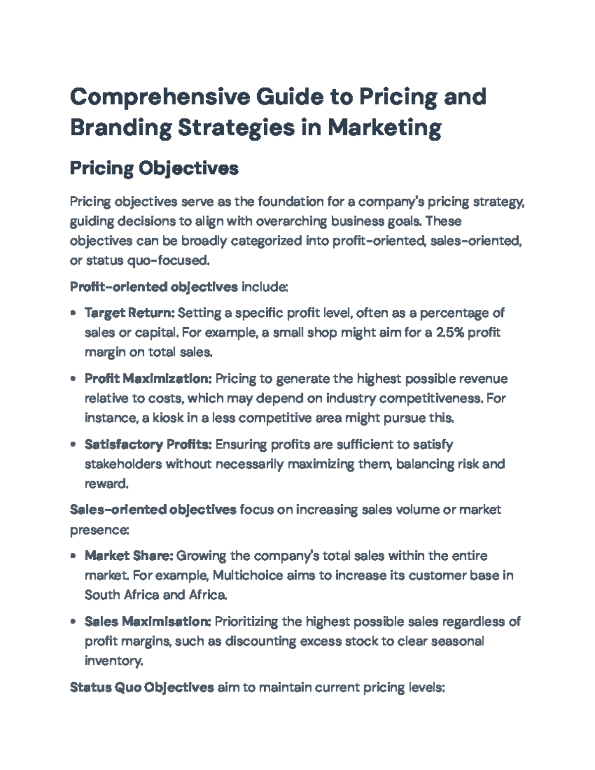 Comprehensive Marketing Strategies: Pricing & Branding Insights (MKT ...