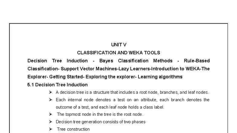 UNIT 5 - LECTURE NOTES ON CLASSIFICATION & WEKA TOOLS - Studocu