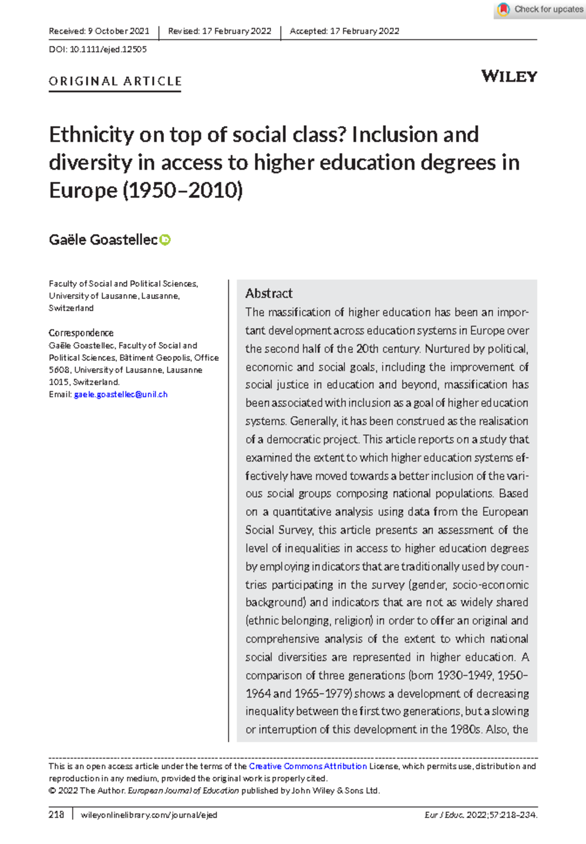 Ethnicity and Social Class: Inclusion in European Higher Education ...