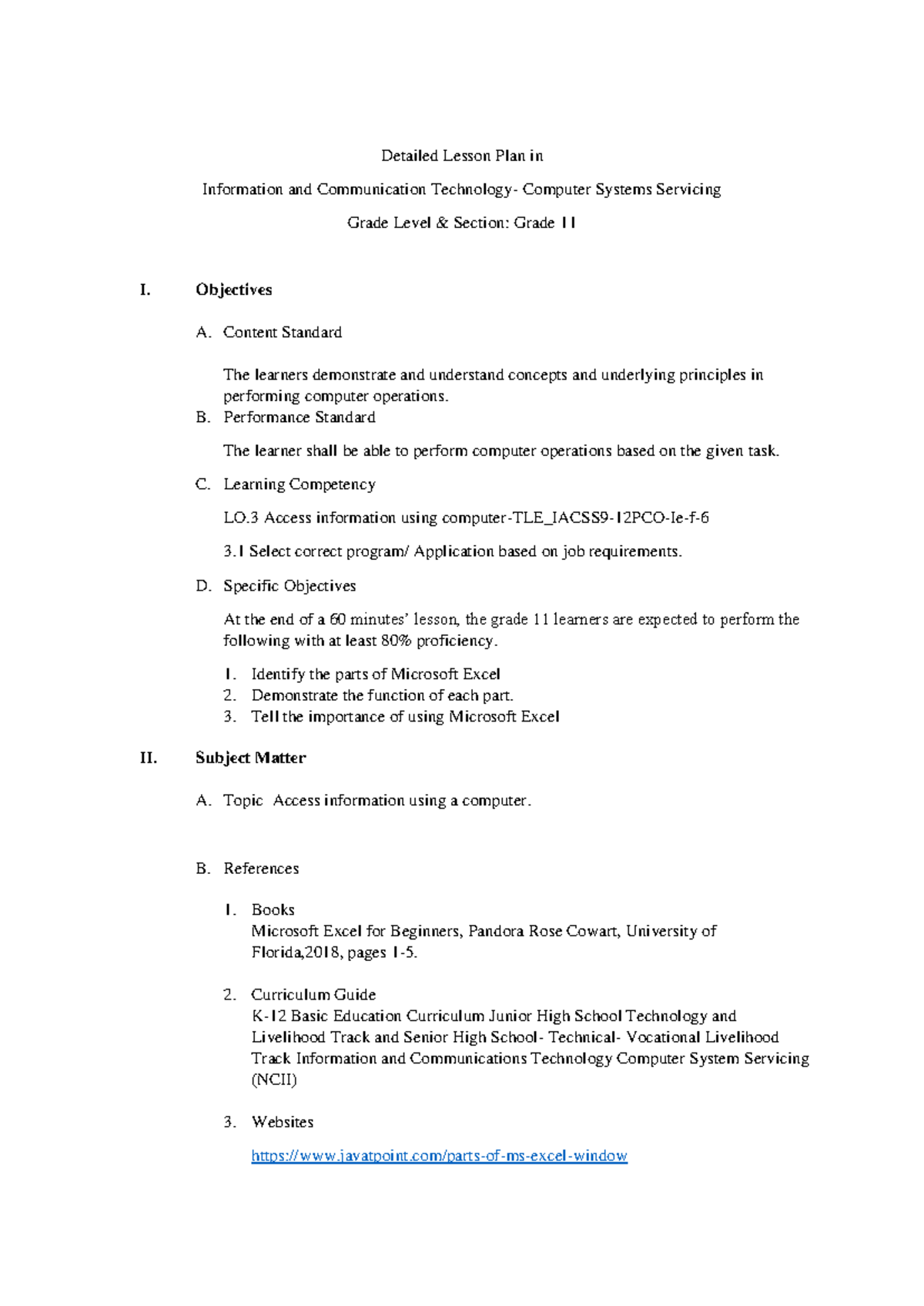 Detailed Lesson Plan: Microsoft Excel in ICT Grade 11 - Studocu