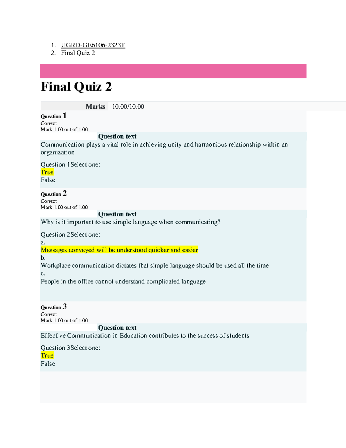 QUIZ 2 - Final GE6106 - Key Concepts in Purposive Communication ...
