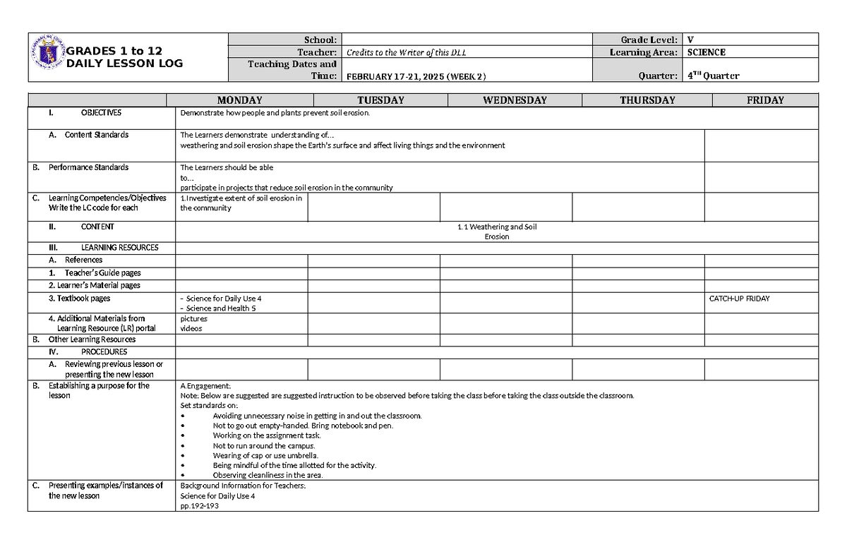 Grade 5 DLL Science 5 Q4 Week 2 - GRADES 1 to 12 DAILY LESSON LOG ...