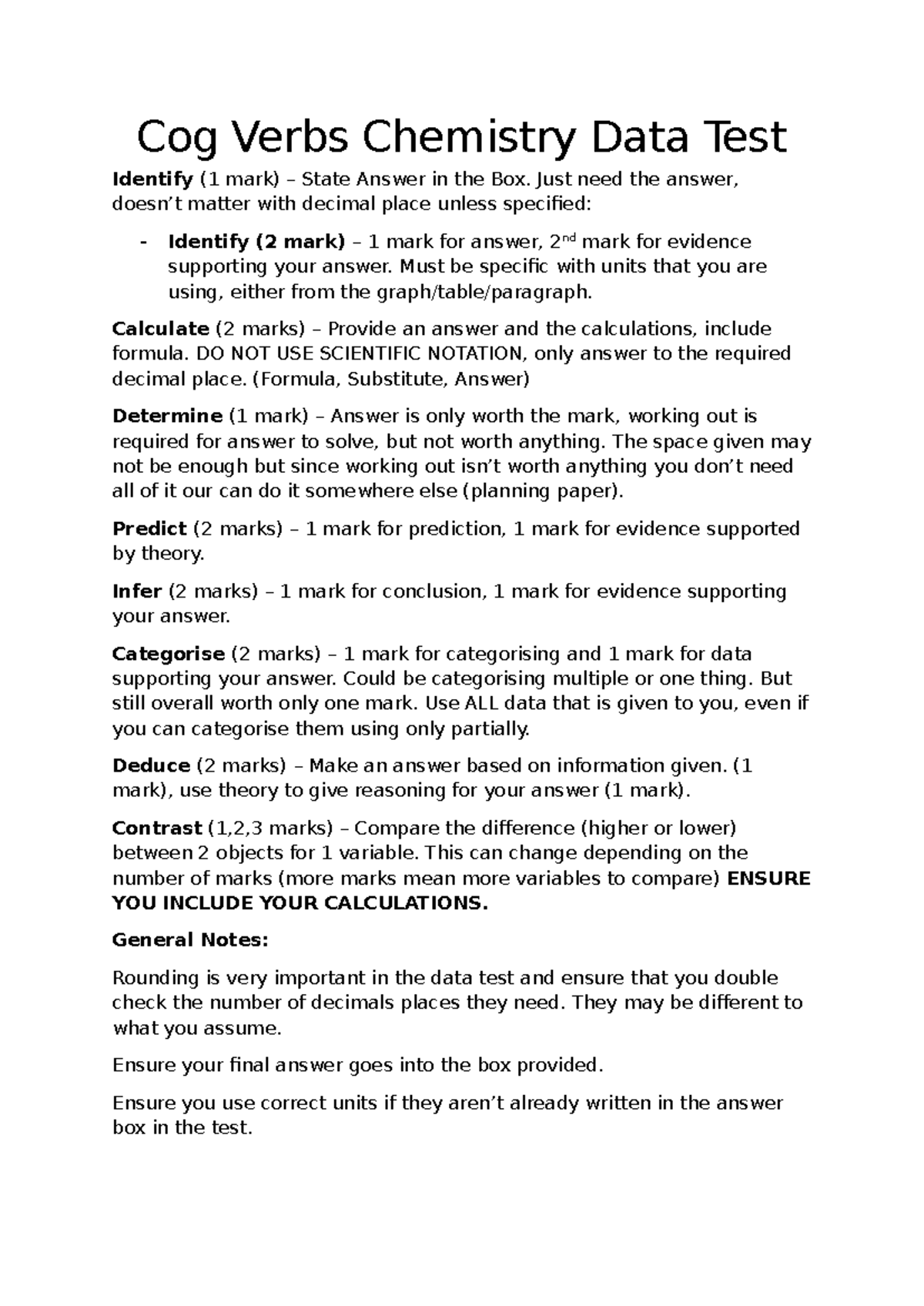 Cog Verbs Chemistry Data Test Guidelines and Answering Tips - Studocu