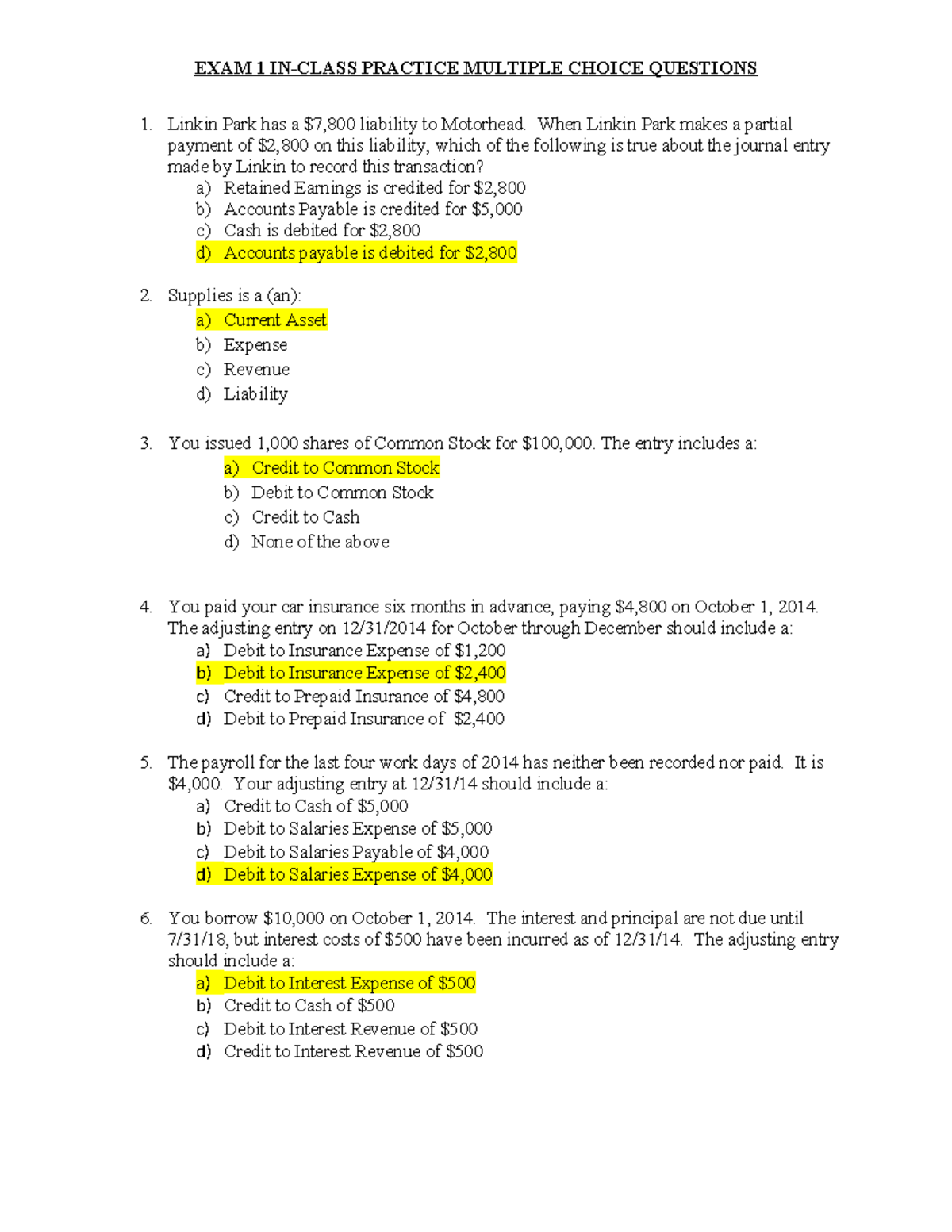 ACCT 101: Exam 1 In-Class Practice MCQs on Accounting - Studocu