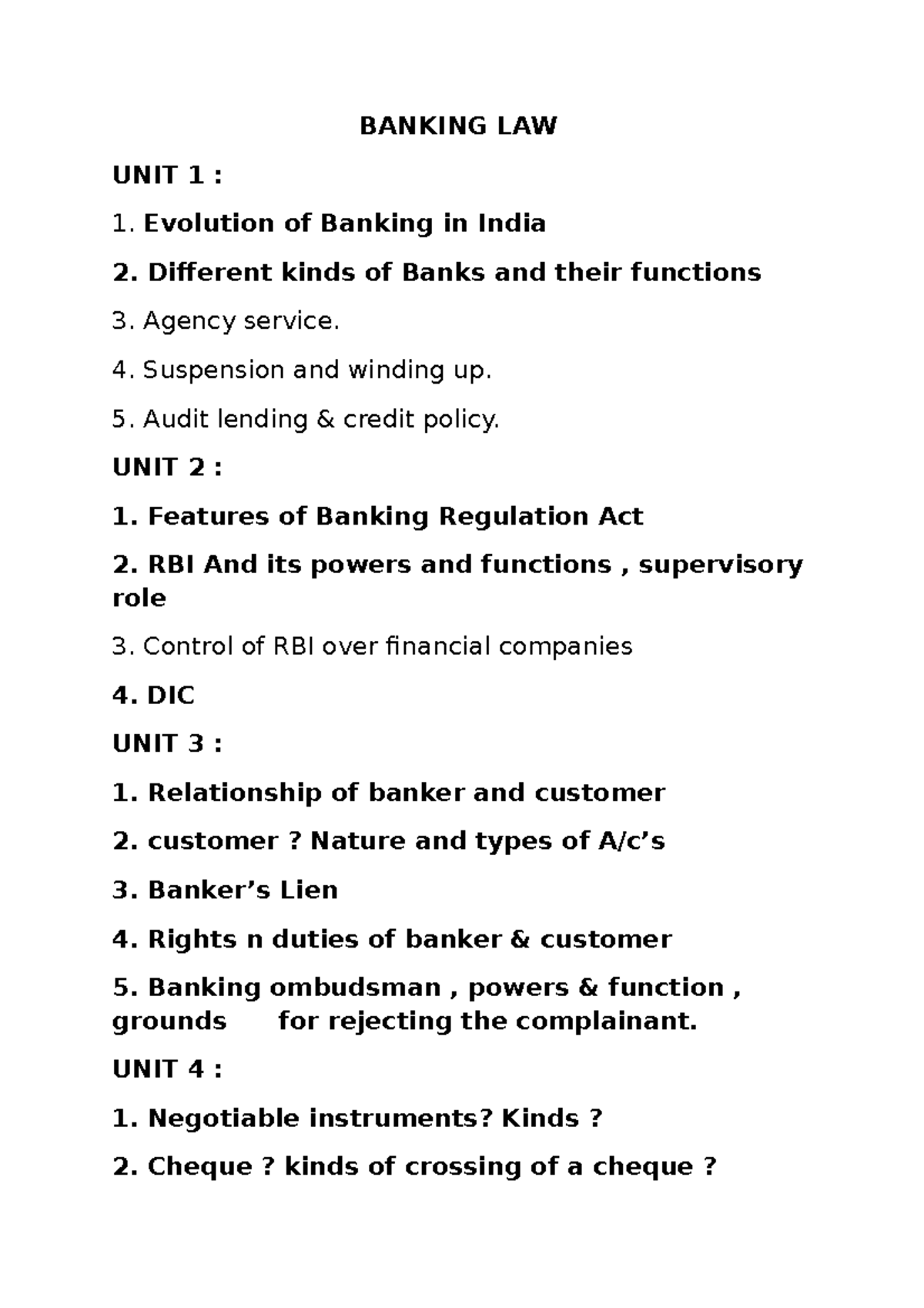 Banking LAW - Key Questions for Important Units and Concepts - Studocu