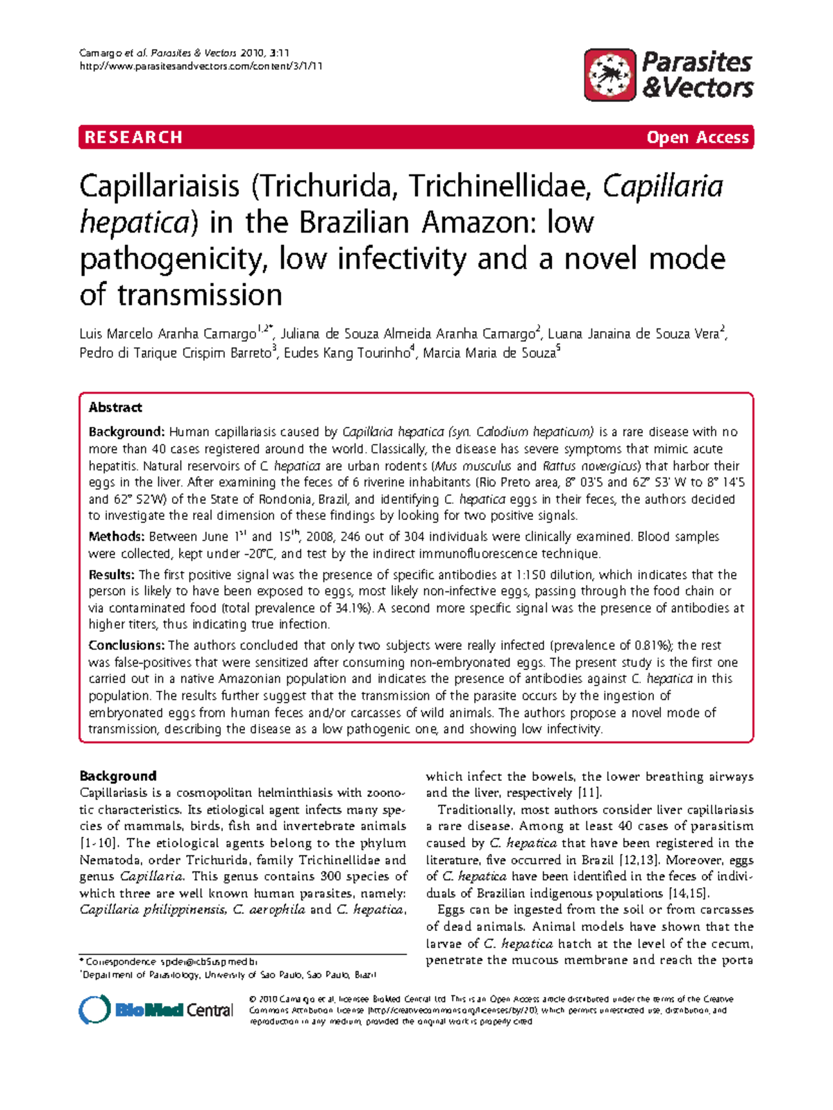 Capillariasis Study in Brazilian Amazon: Pathogenicity & Transmission ...