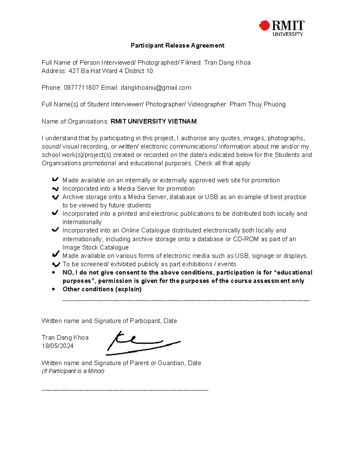 Participant Release Agreement - Check all that apply: Made available on ...