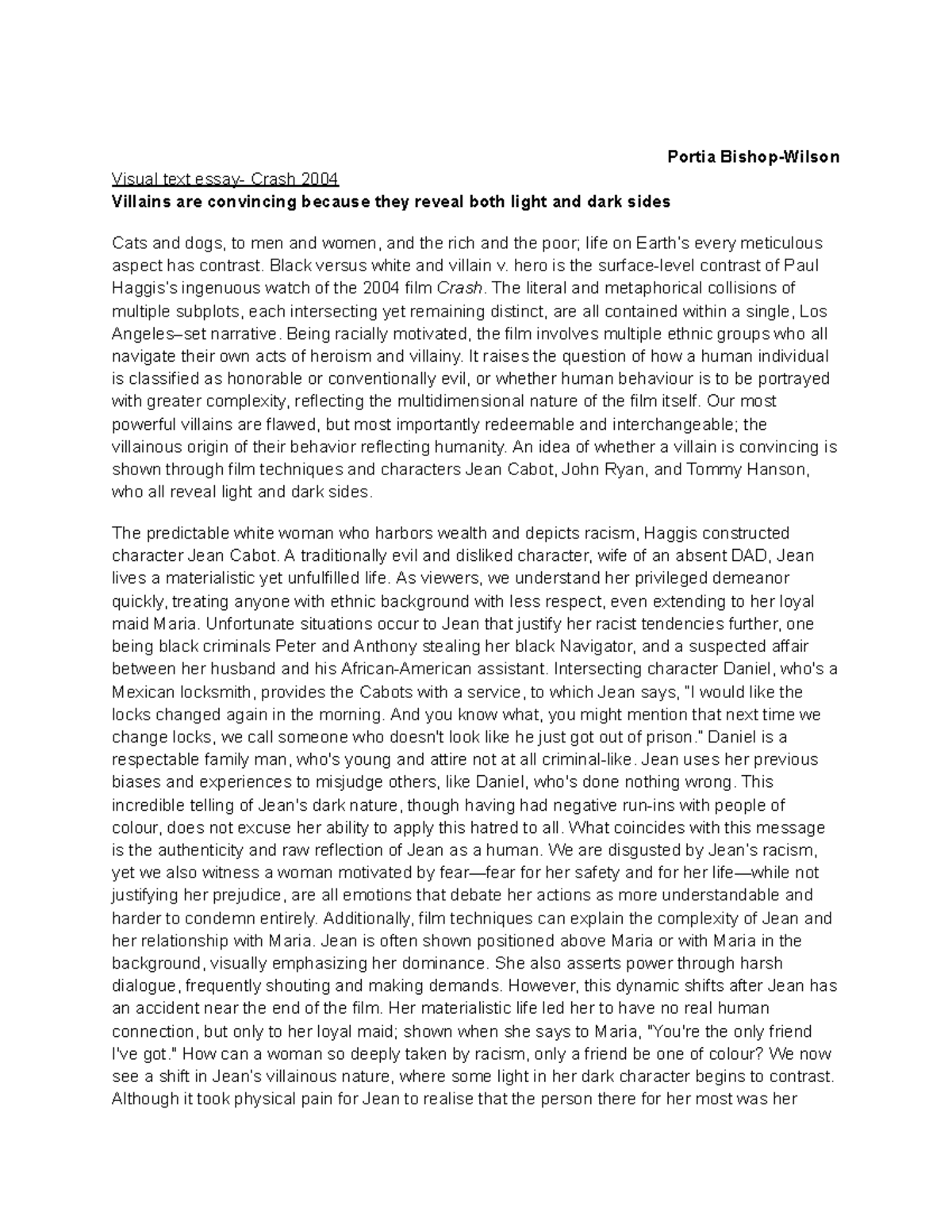 ENG 2004 Film Analysis Essay: The Complexity of Villains in Crash - Studocu