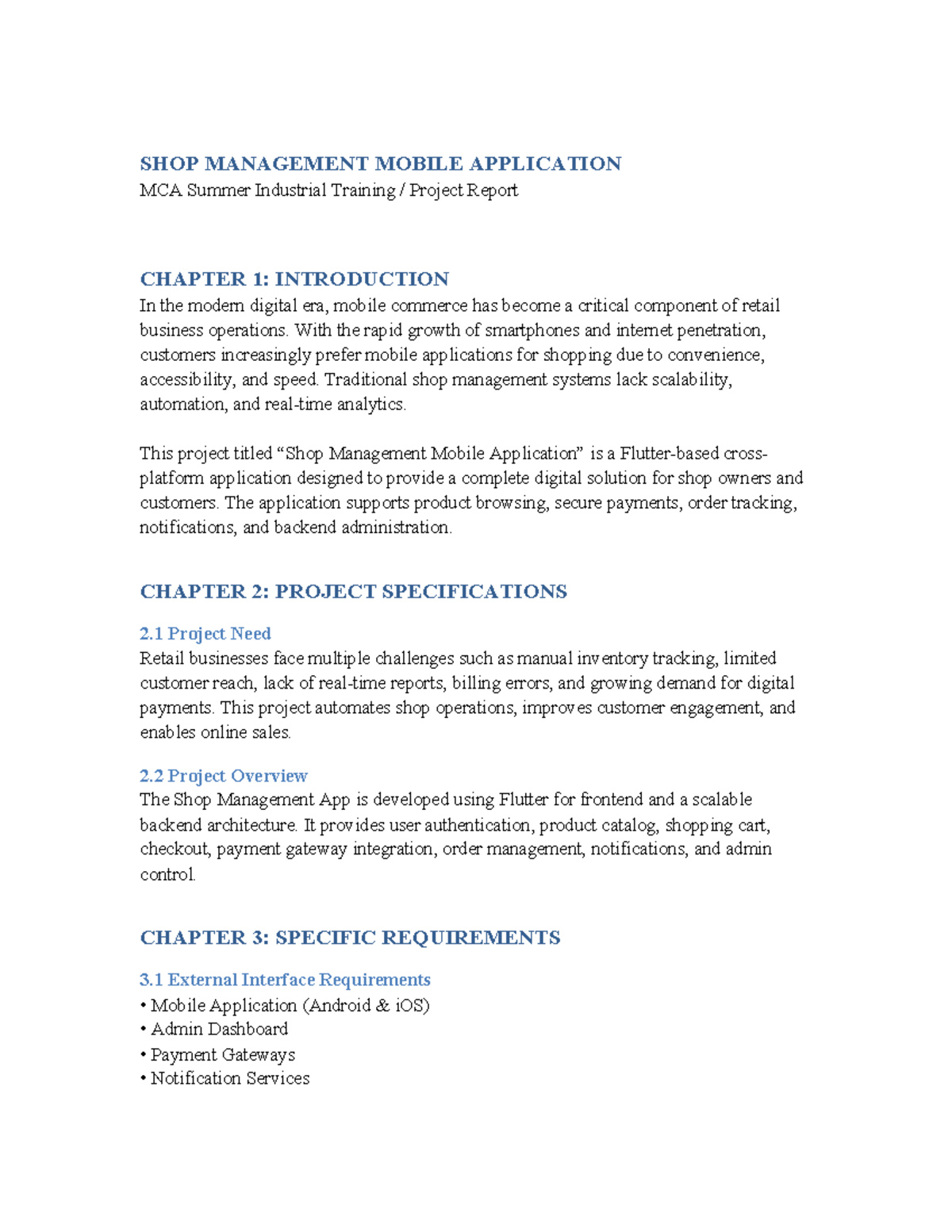 MCA Summer Project Report: Shop Management Mobile App Overview - Studocu