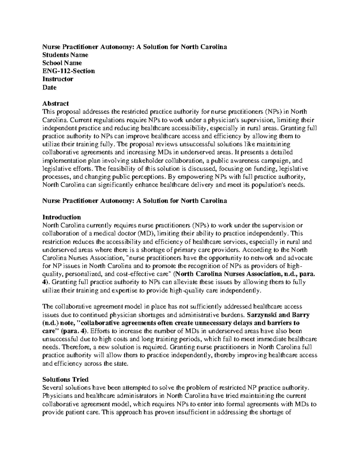 Proposal Paper for ENG-112 - Nurse Practitioner Autonomy: A Solution ...