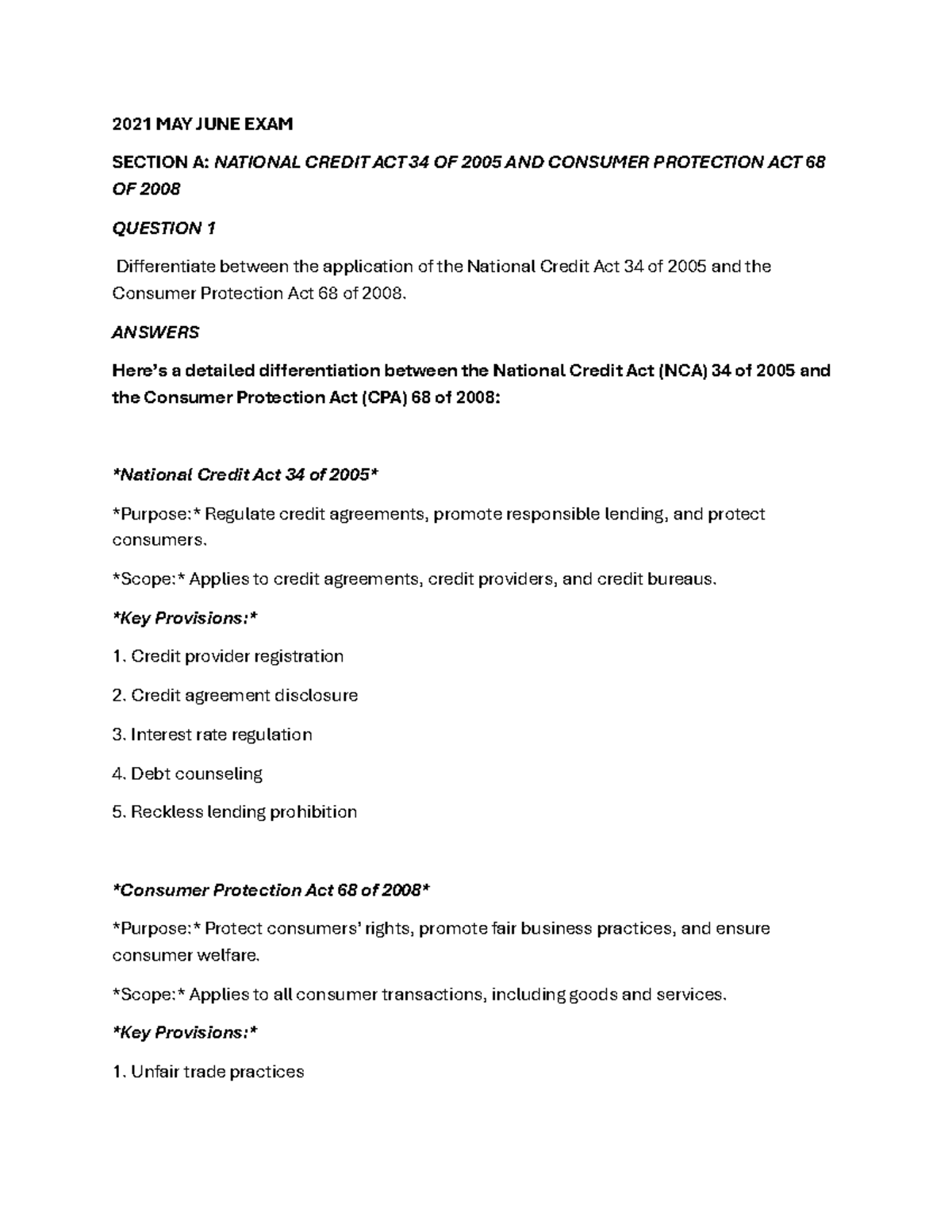 May June 2021 Exam: National Credit Act & Consumer Protection Act ...