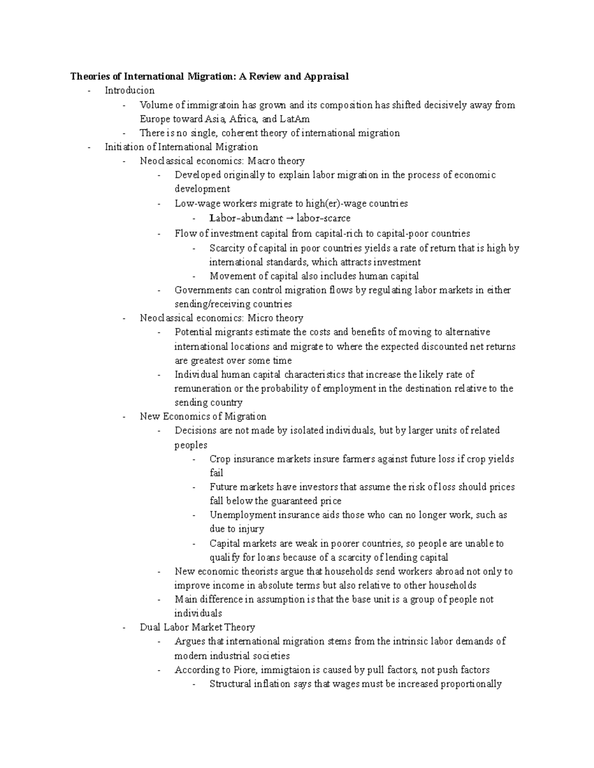 Theories of International Migration: Massey et al 1993 Notes Analysis ...