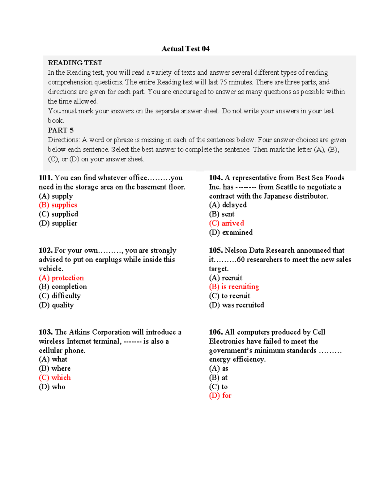 Actual Test 04 Part 5- KEY - Actual Test 04 READING TEST In the Reading ...