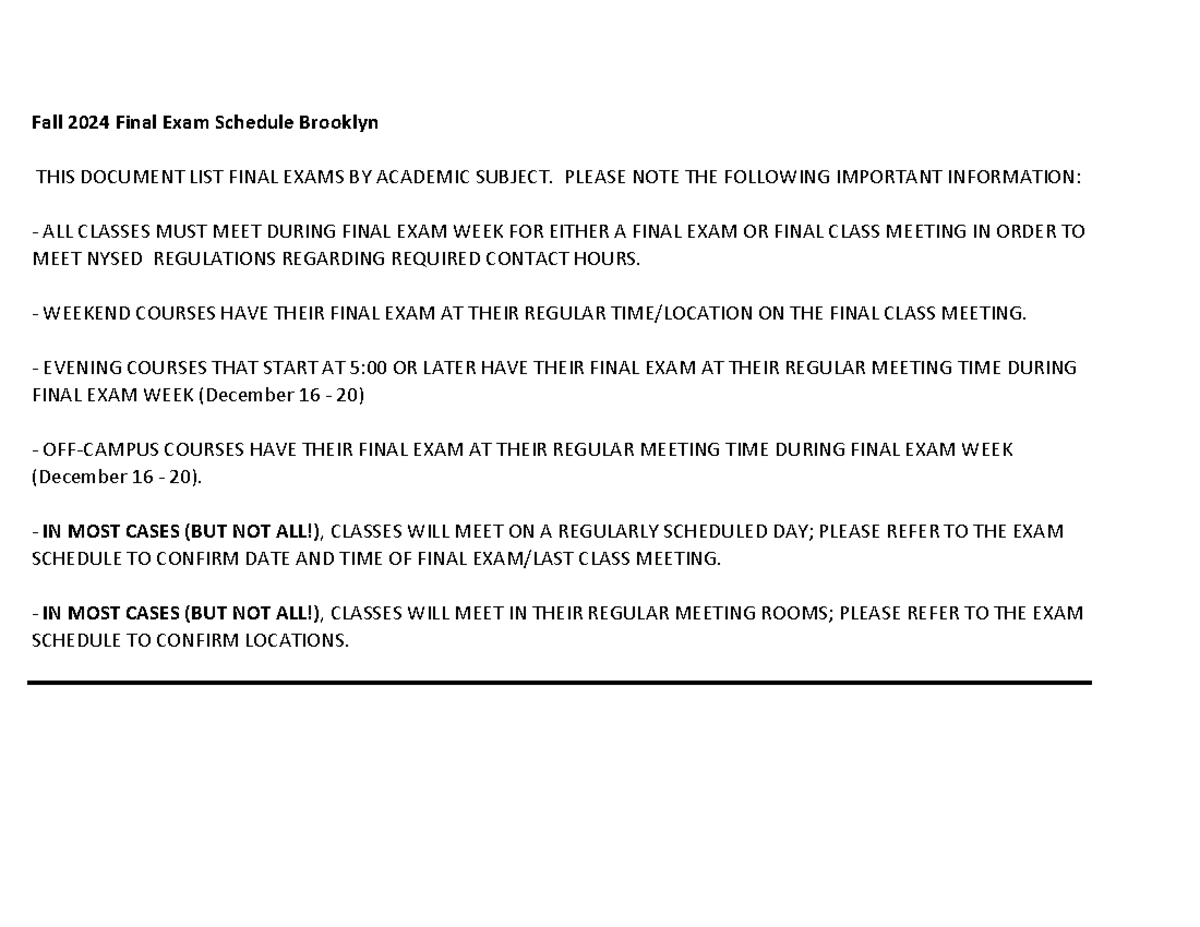 Fall 2024 Final Exam Schedule - Brooklyn Campus - Studocu