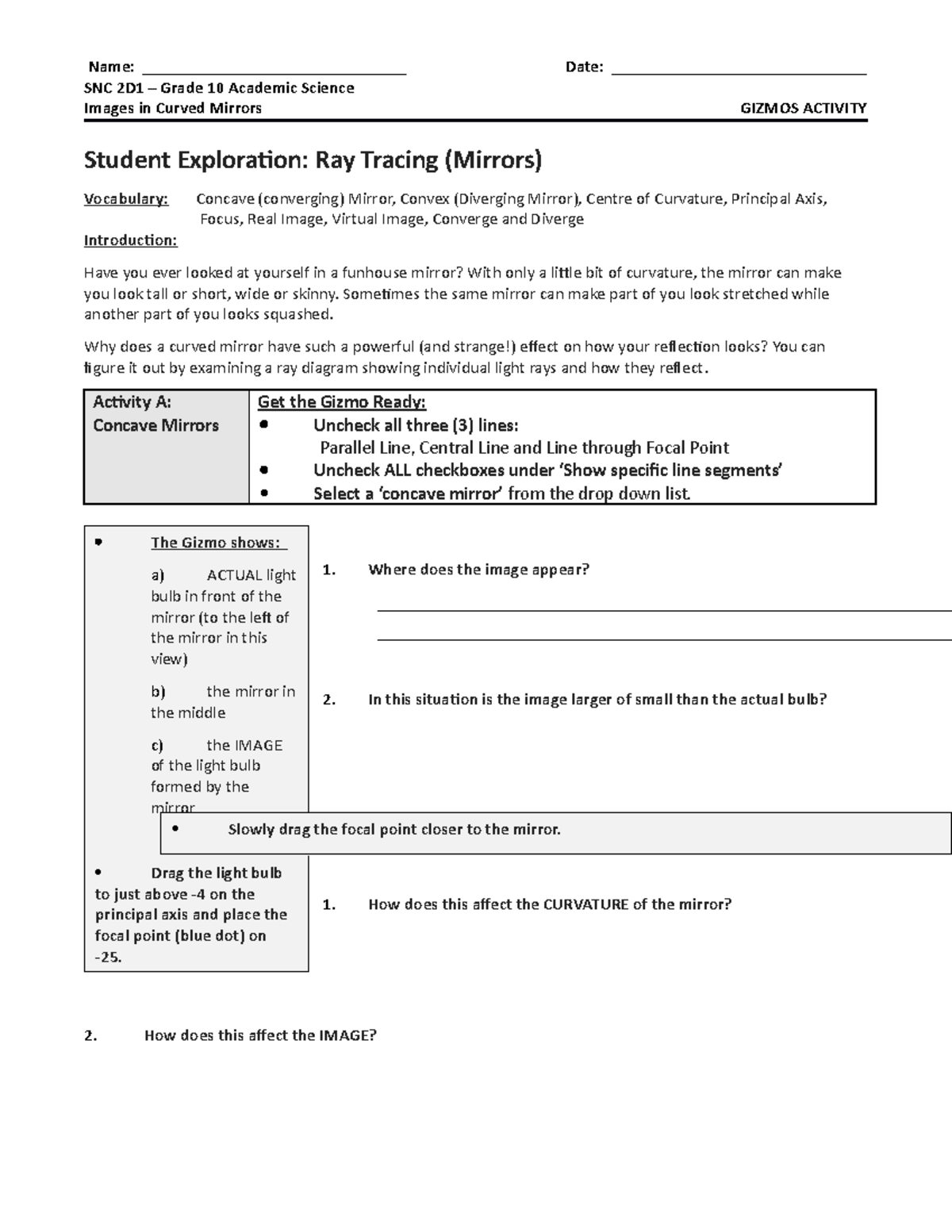 Curved mirrors gizmo activity - SNC 2D1 – Grade 10 Academic Science ...