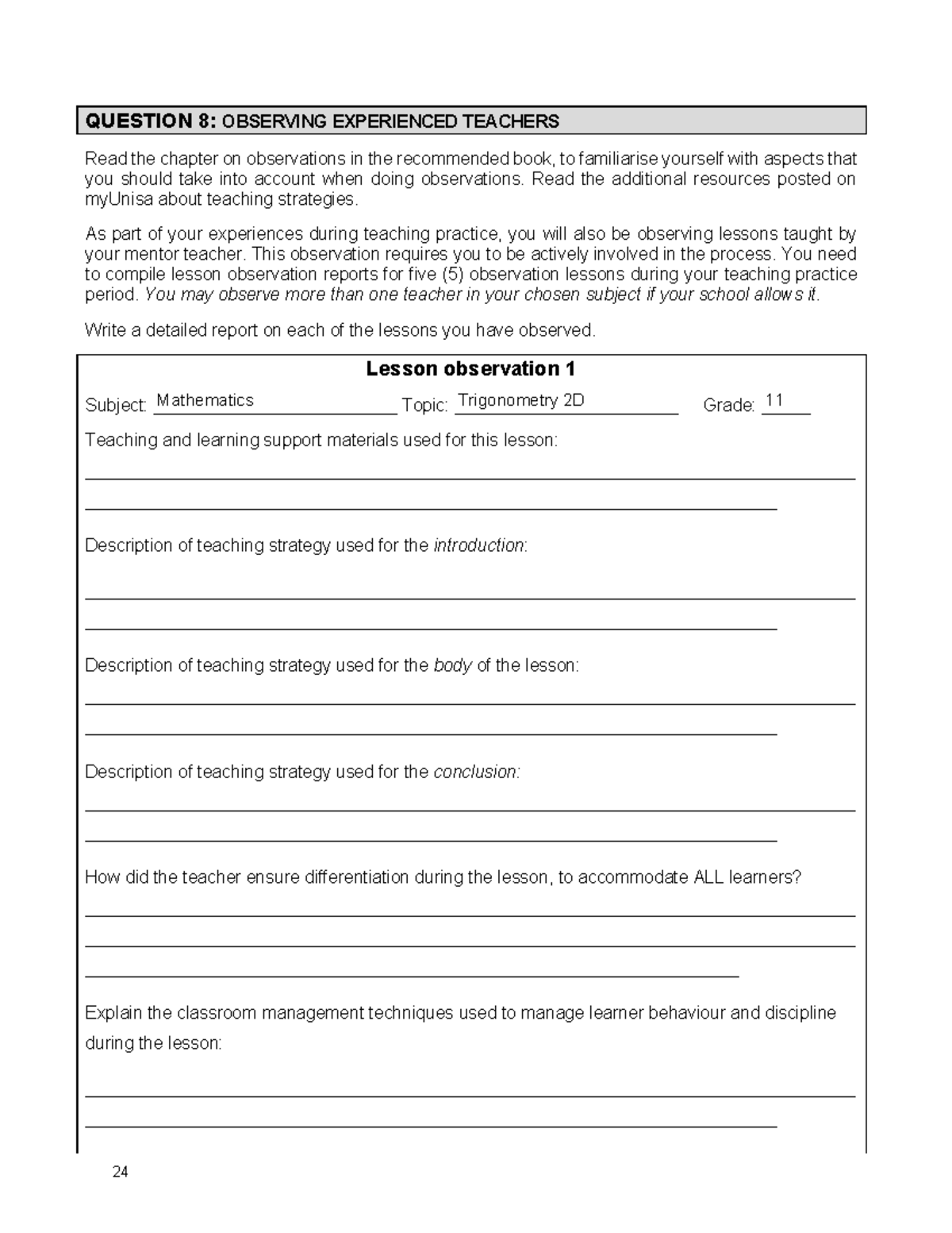 Teaching Observation Reports for Mathematics Trigonometry 2D (AFFS65 ...