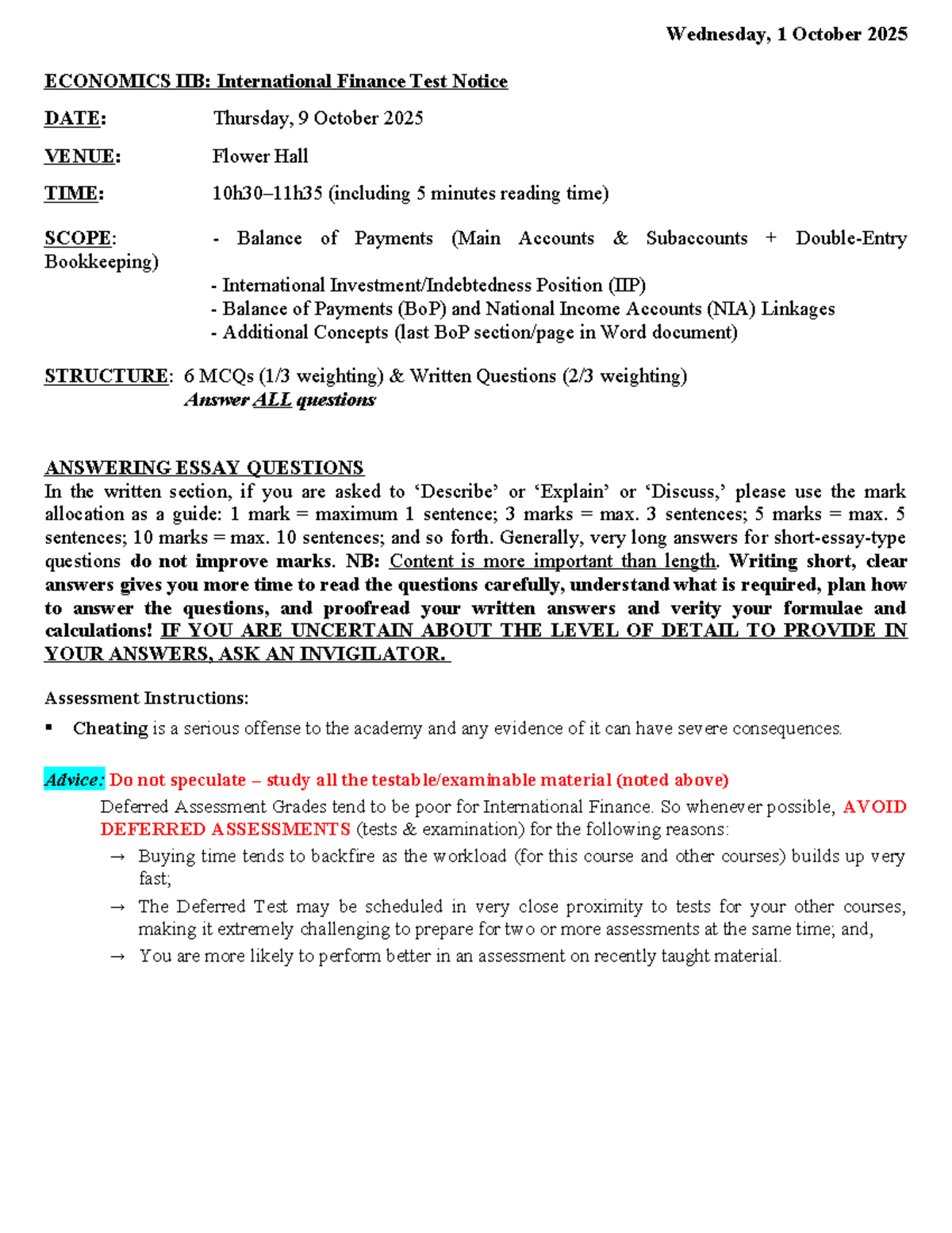 ECONOMICS IIB: International Finance Test Notice - 9 Oct 2025 - Studocu