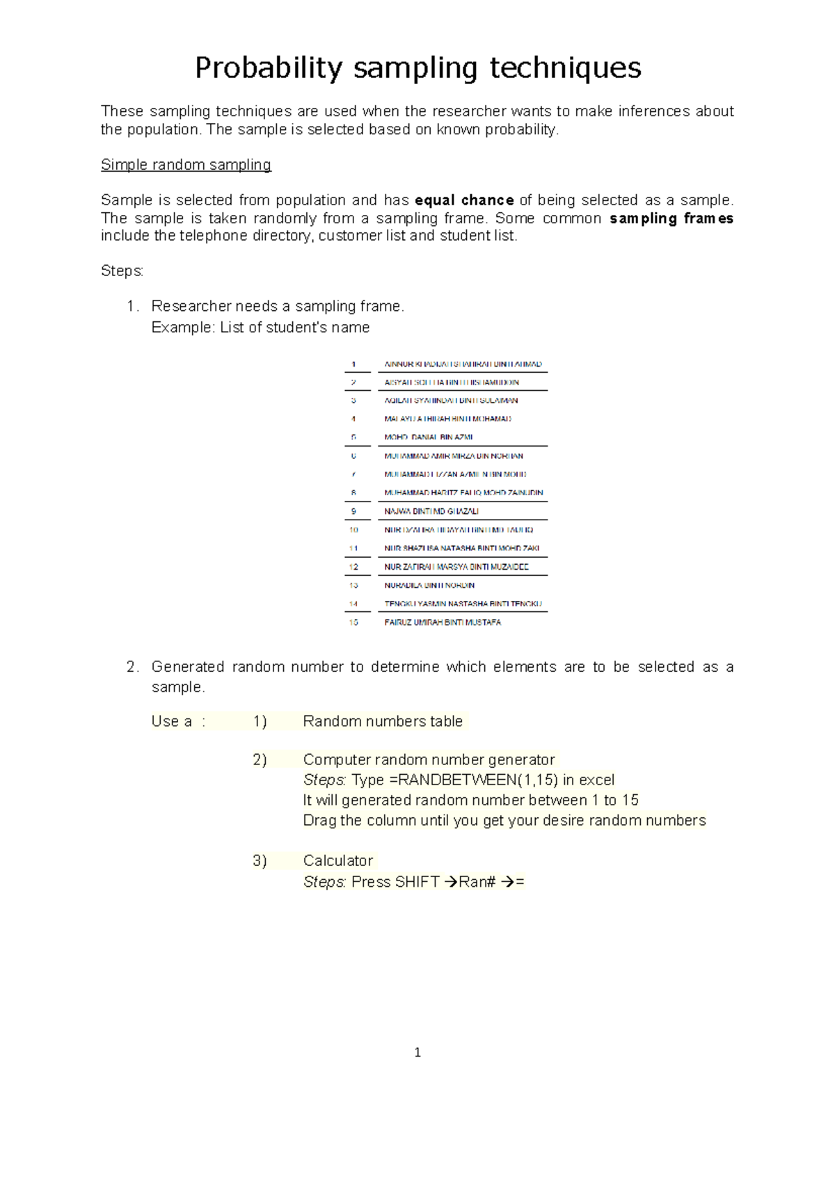 Probability Sampling Techniques in Research Methods (Course Code) - Studocu