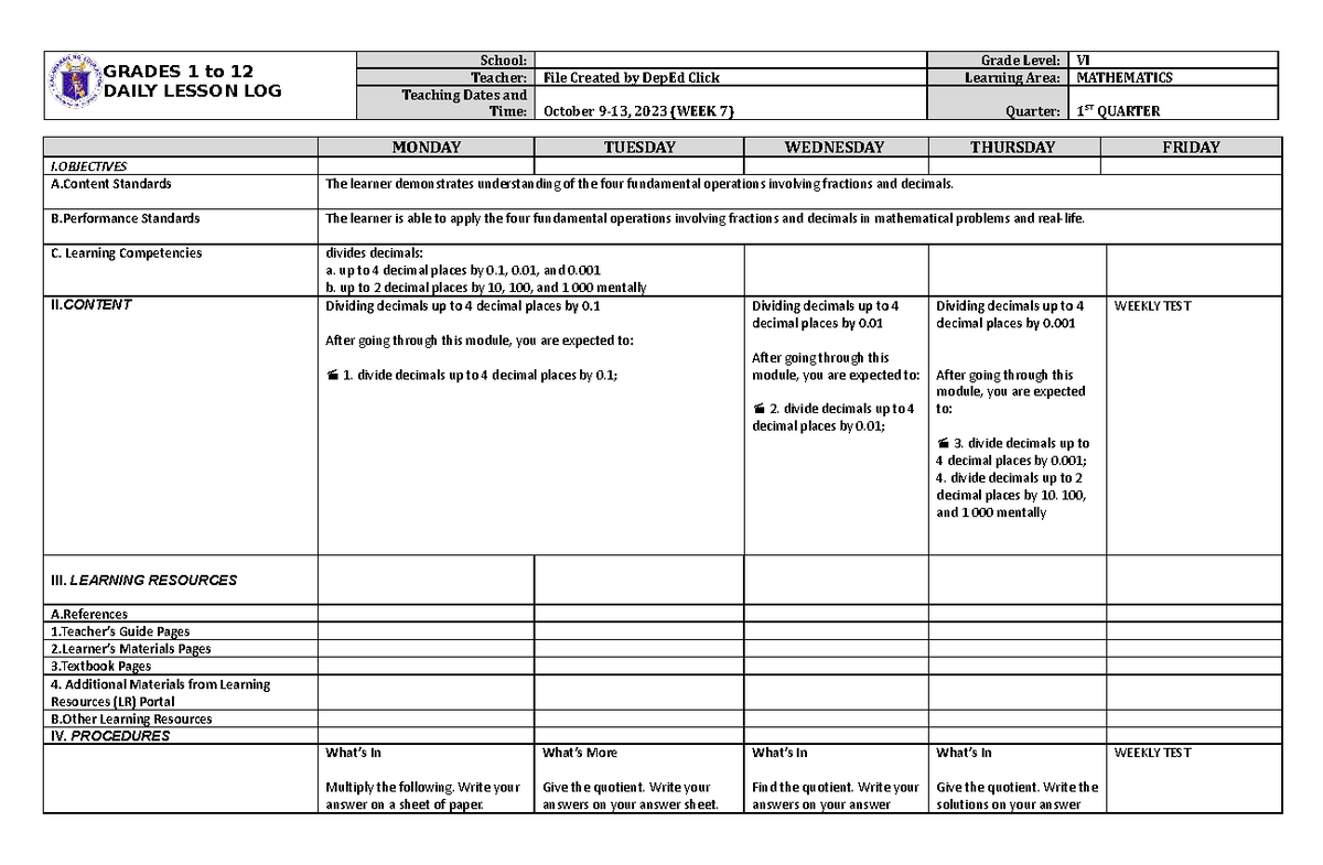 DLL Mathematics 6 Q1 W7 - okay - GRADES 1 to 12 DAILY LESSON LOG School ...