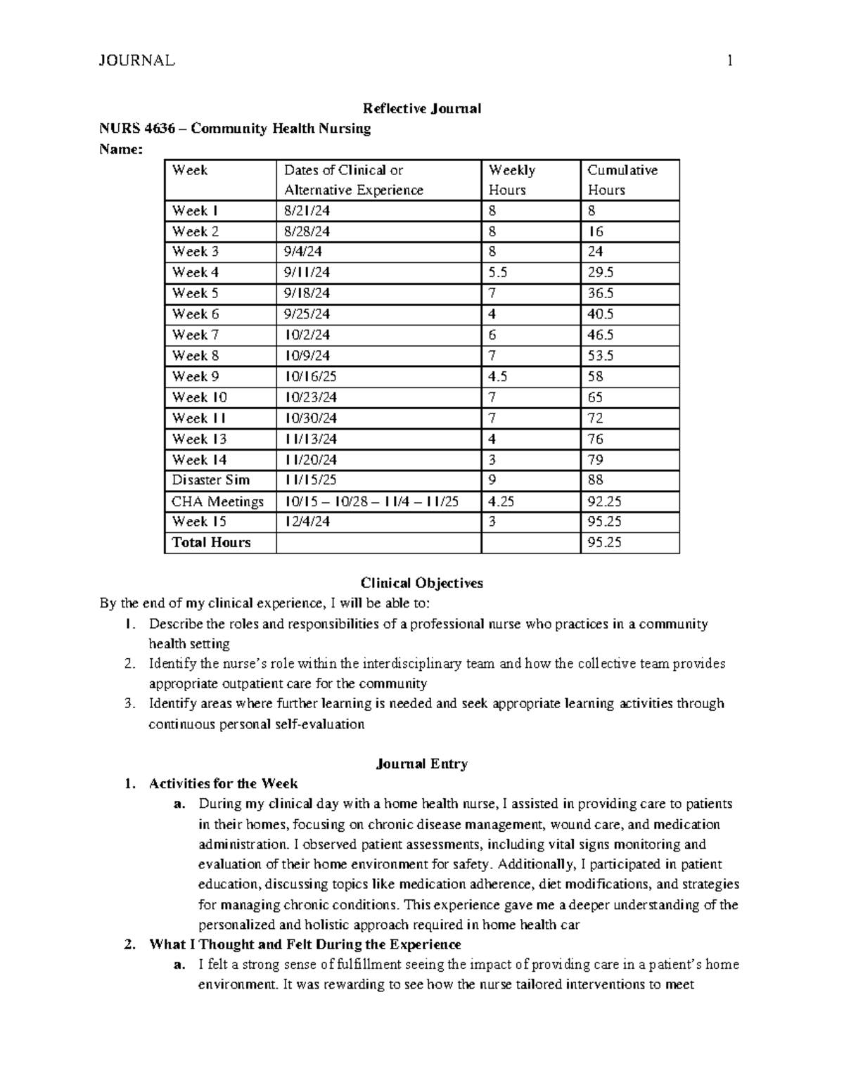 Week 15 - hw for class - JOURNAL 1 Reflective Journal NURS 4636 ...