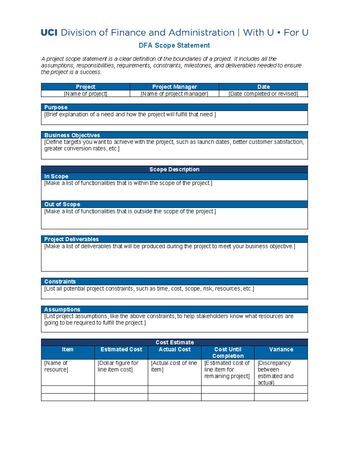 Scope-statement-template - DFA Scope Statement A project scope ...