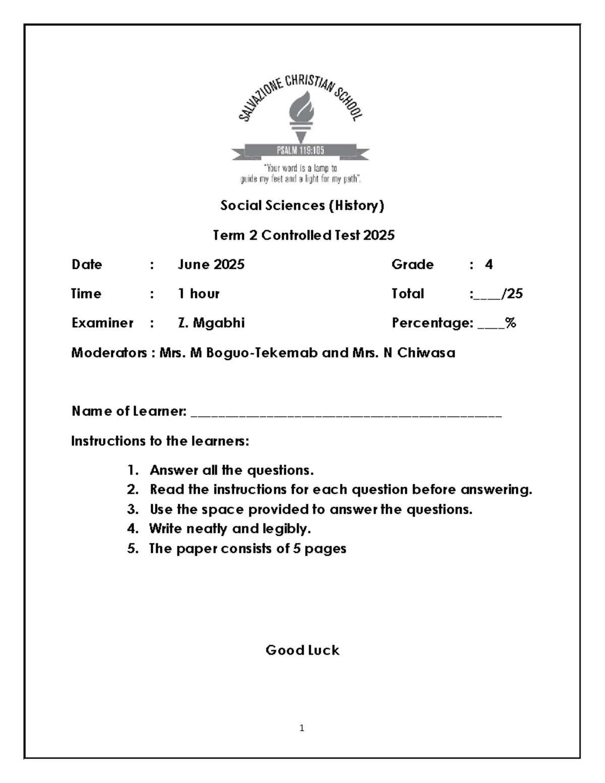 Social Sciences (History) Term 2 Controlled Test 2025 - Grade 4 - Studocu