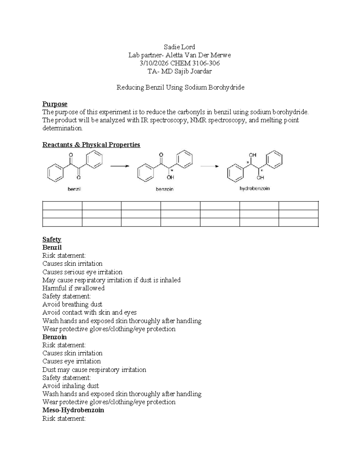 Ochem 2 Lab Report 8: Reducing Benzil with NaBH4 - Studocu