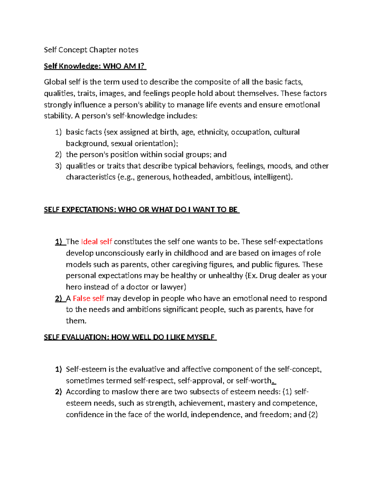 Self Concept Chapter Notes (Psych 101): Understanding Self-Identity and ...