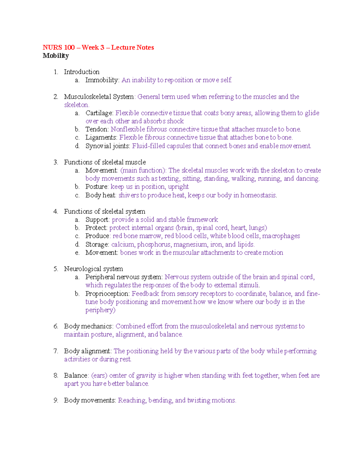 NURS 100 - Week 3 - Comprehensive Lecture Notes on Mobility - Studocu