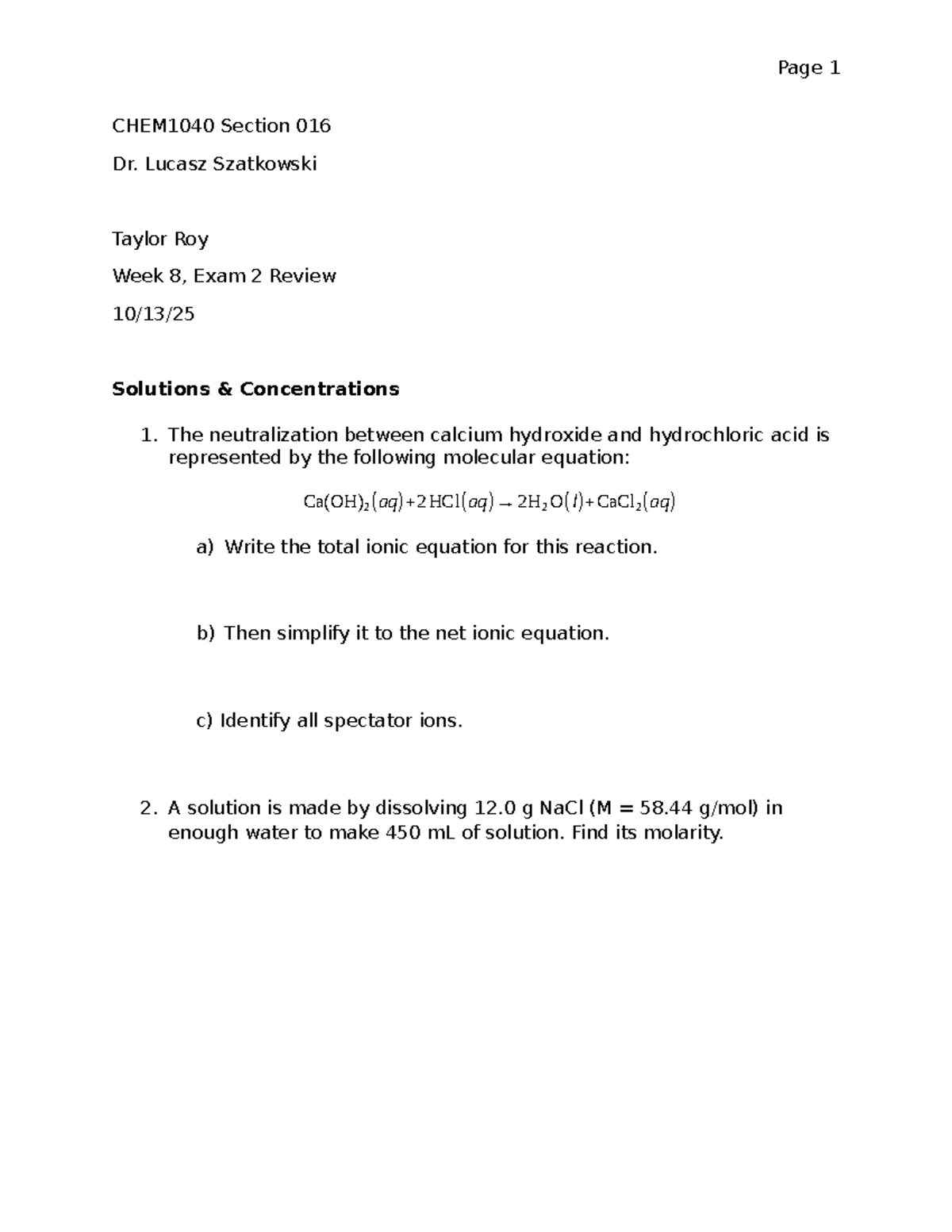 Week 8 CHEM1040 Exam 2 Review Solutions and Key Concepts - Studocu