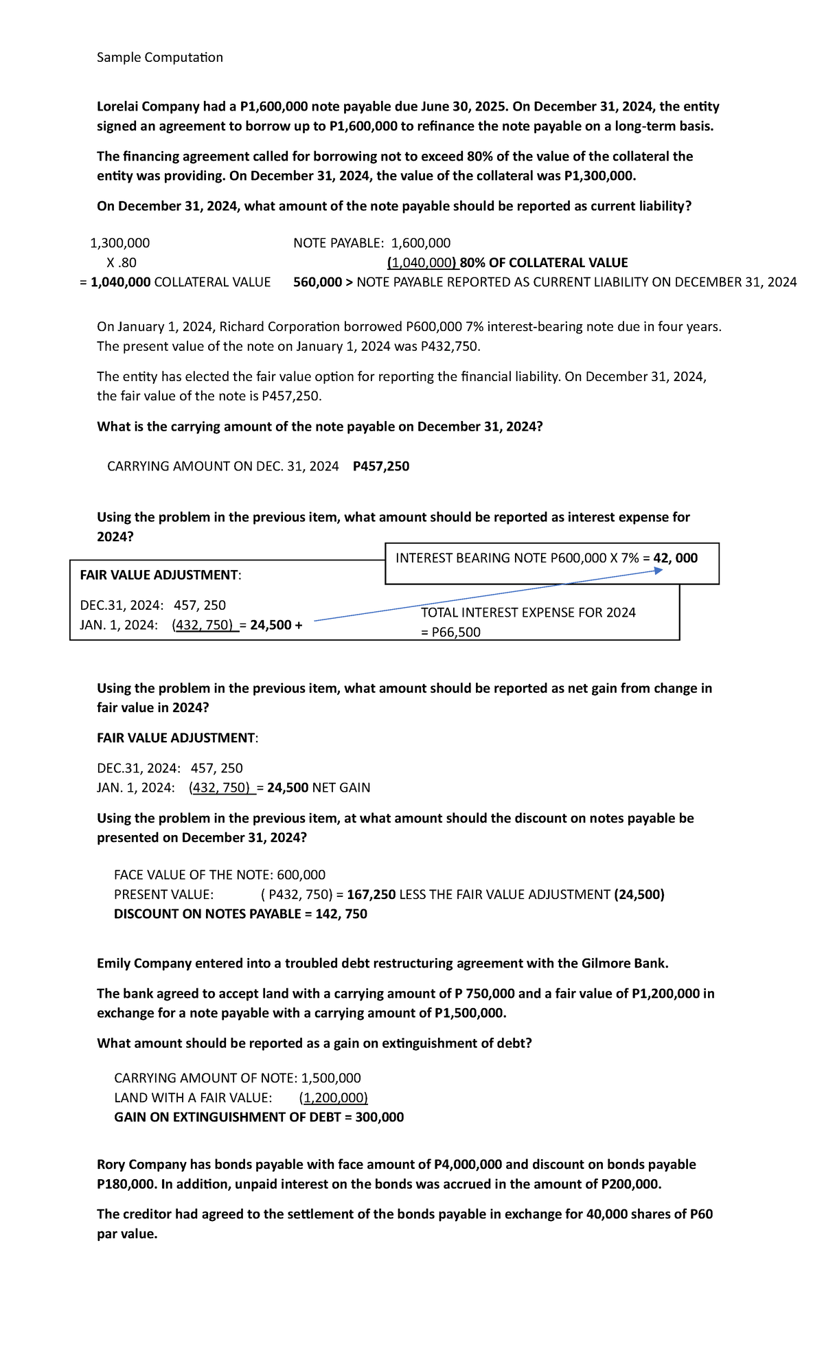 Intacc - SAMPLE PROBLEM - Sample Computation Lorelai Company had a P1 ...