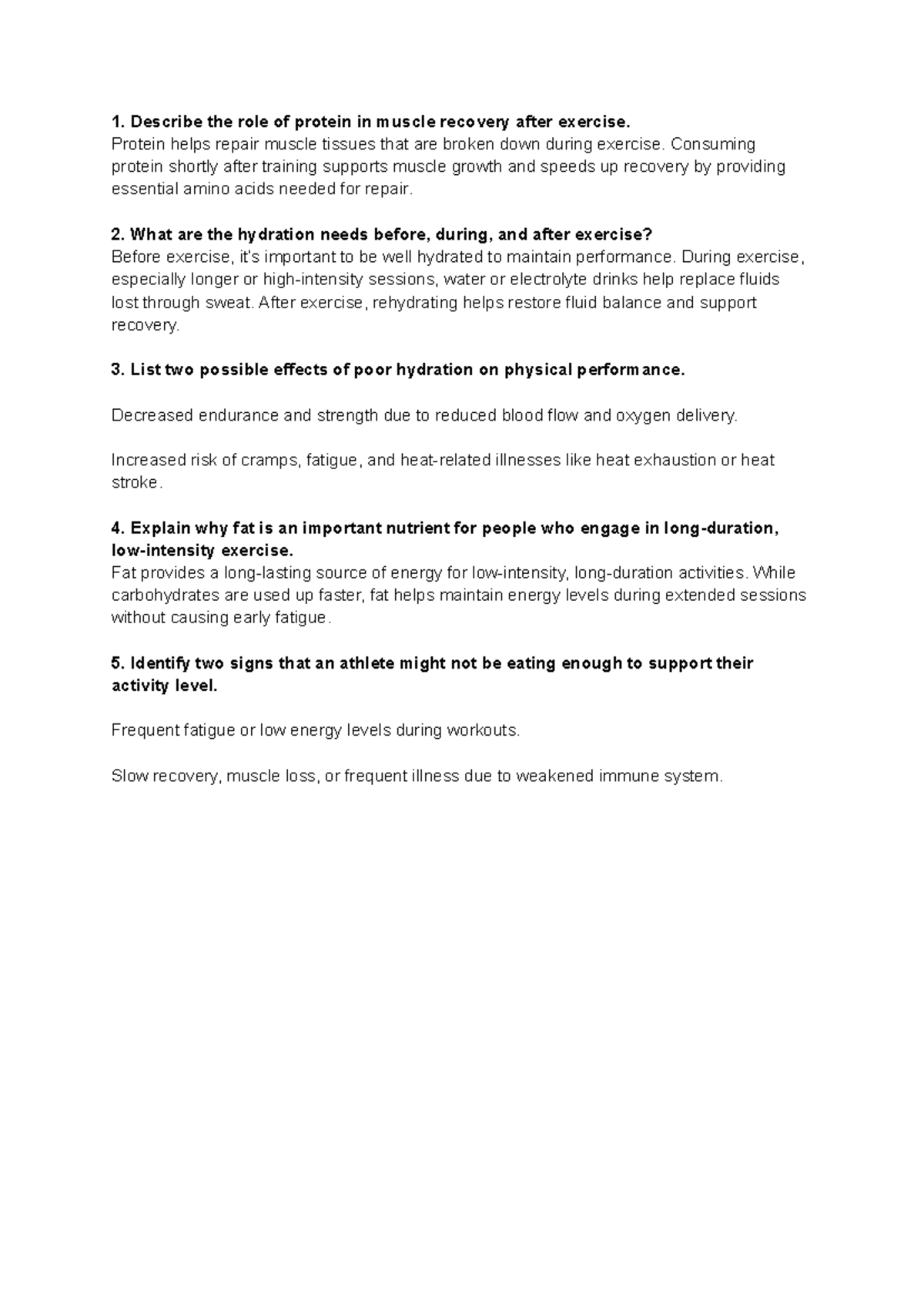 HMS Practice Questions: Nutrition & Hydration for Recovery - Studocu