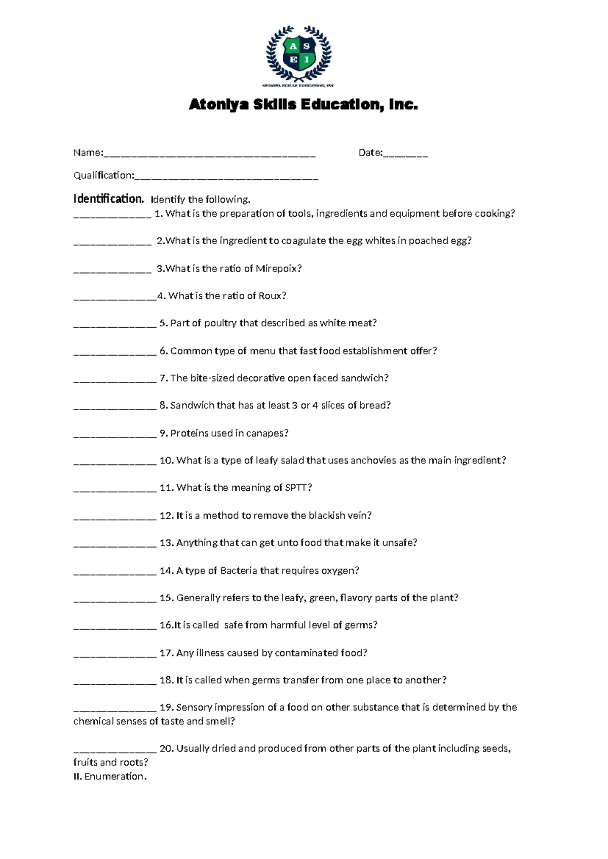 Cookery NC II Long Quiz - Skills and Knowledge Assessment - Studocu