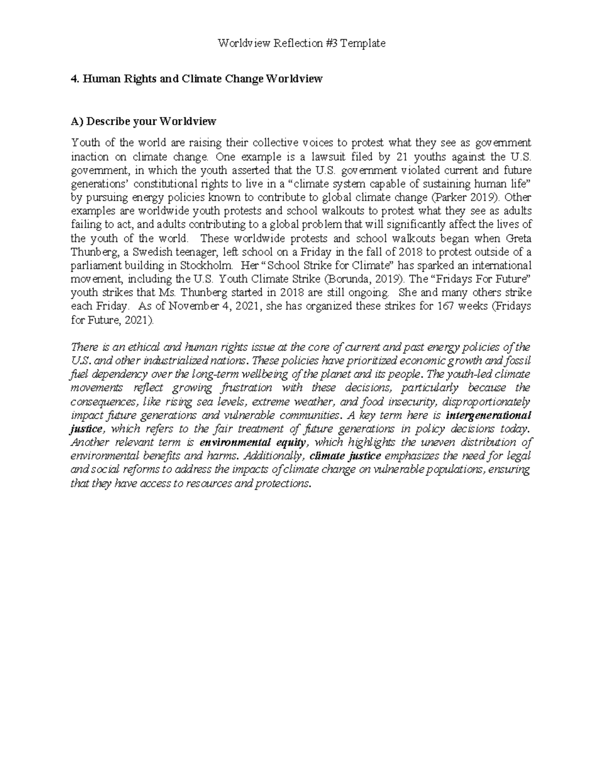 Worldview Reflection Template 4: Human Rights & Climate Change Essay ...