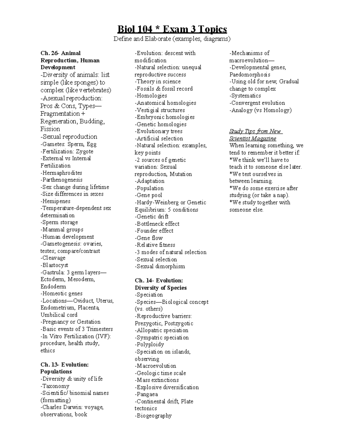 Biol 104 | Exam 3 Study Guide: Animal Reproduction, Evolution ...