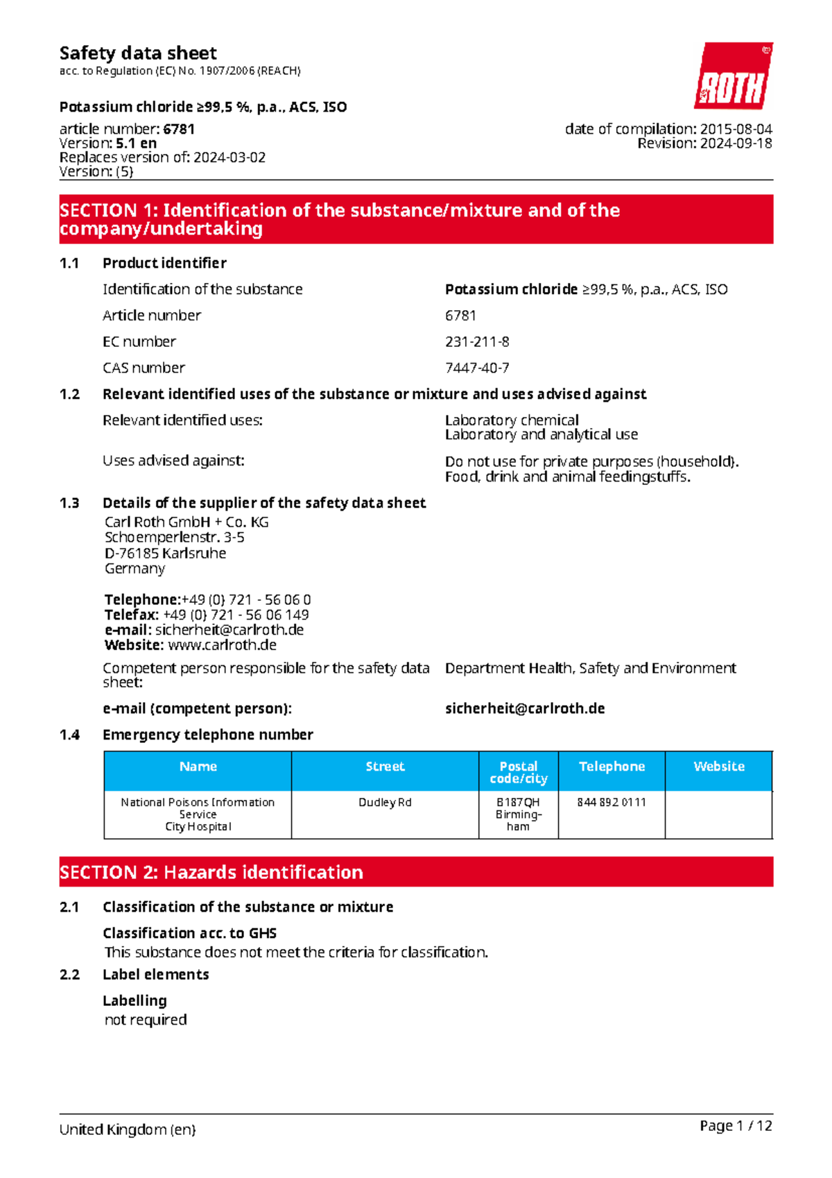 Safety Data Sheet (SDB) for Potassium Chloride p.a. (6781) - Version 5. ...
